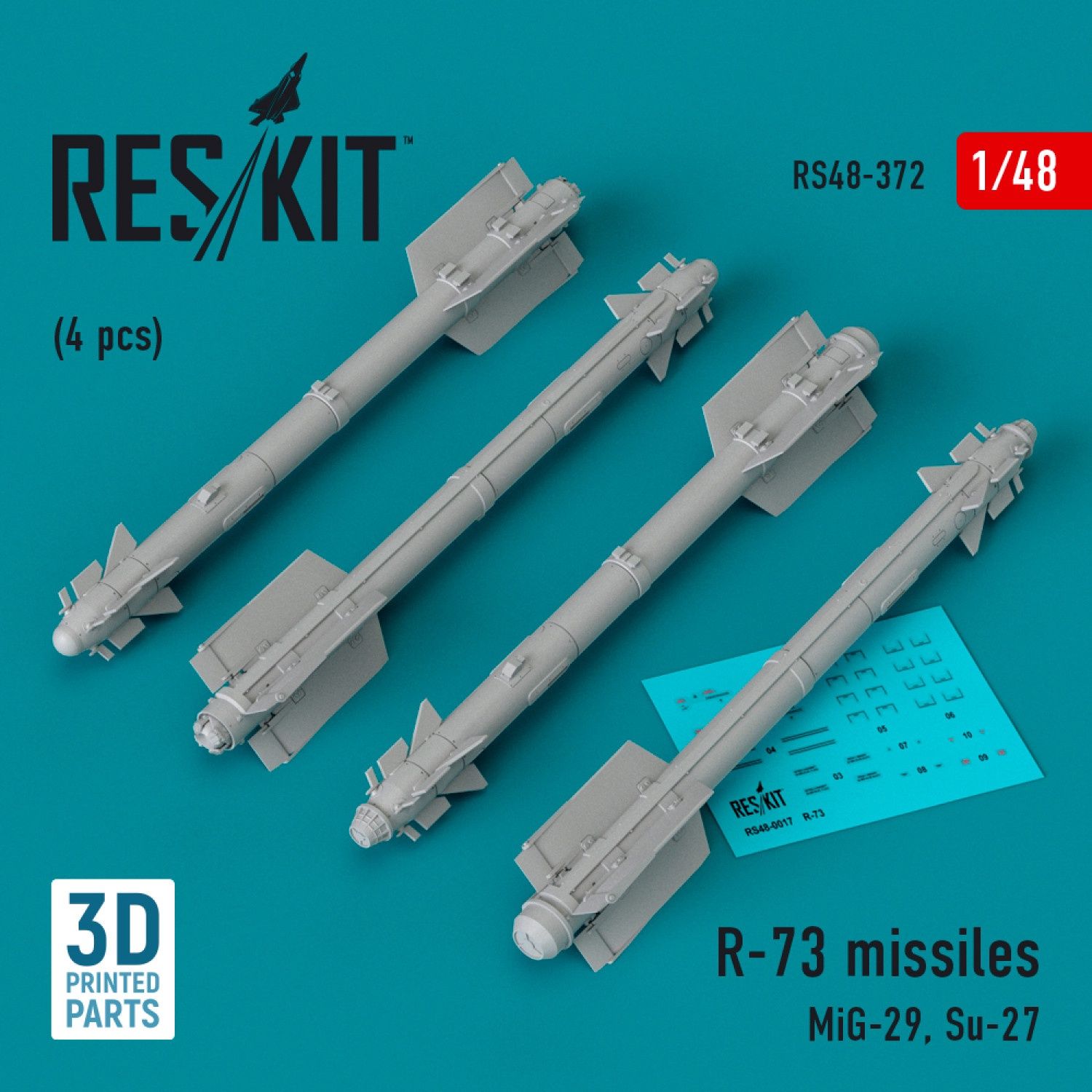 RS48-0372 - R-73 missiles (4 pcs) (MiG-29, Su-27) (3D Printed)  - 1:48