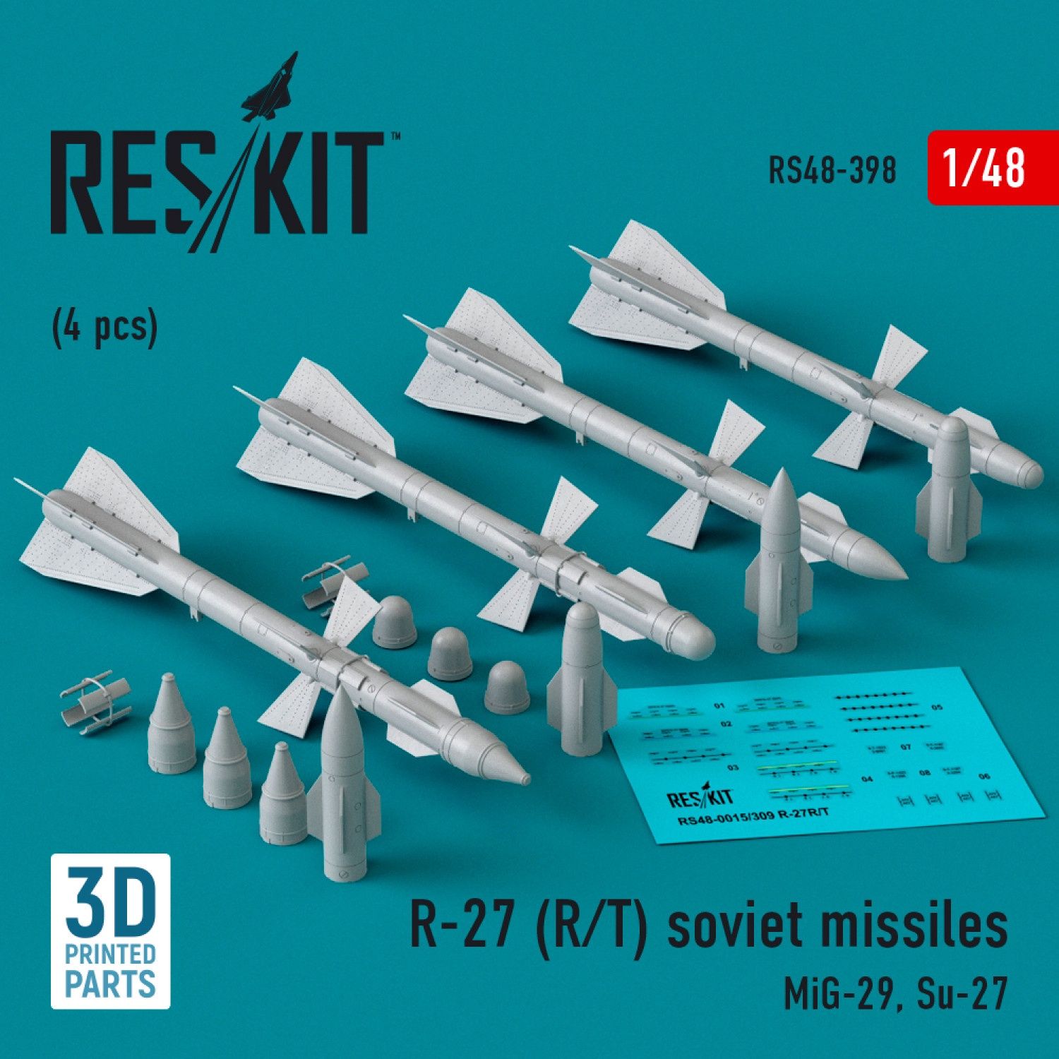 RS48-0398 - R-27 (R/T) missiles (4 pcs) (MiG-29, Su-27) (3D Printed)  - 1:48