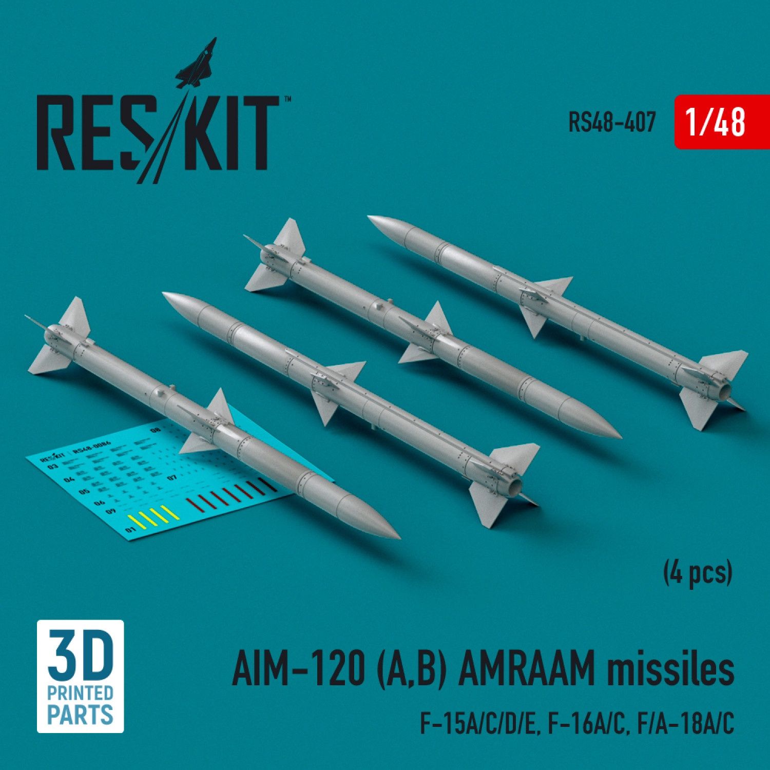 RS48-0407 - AIM-120 (A,B) AMRAAM missiles (4 pcs) (F-15A/C/D/E, F-16A/C, F/A-18A/C) (3d Printed)  - 1:48