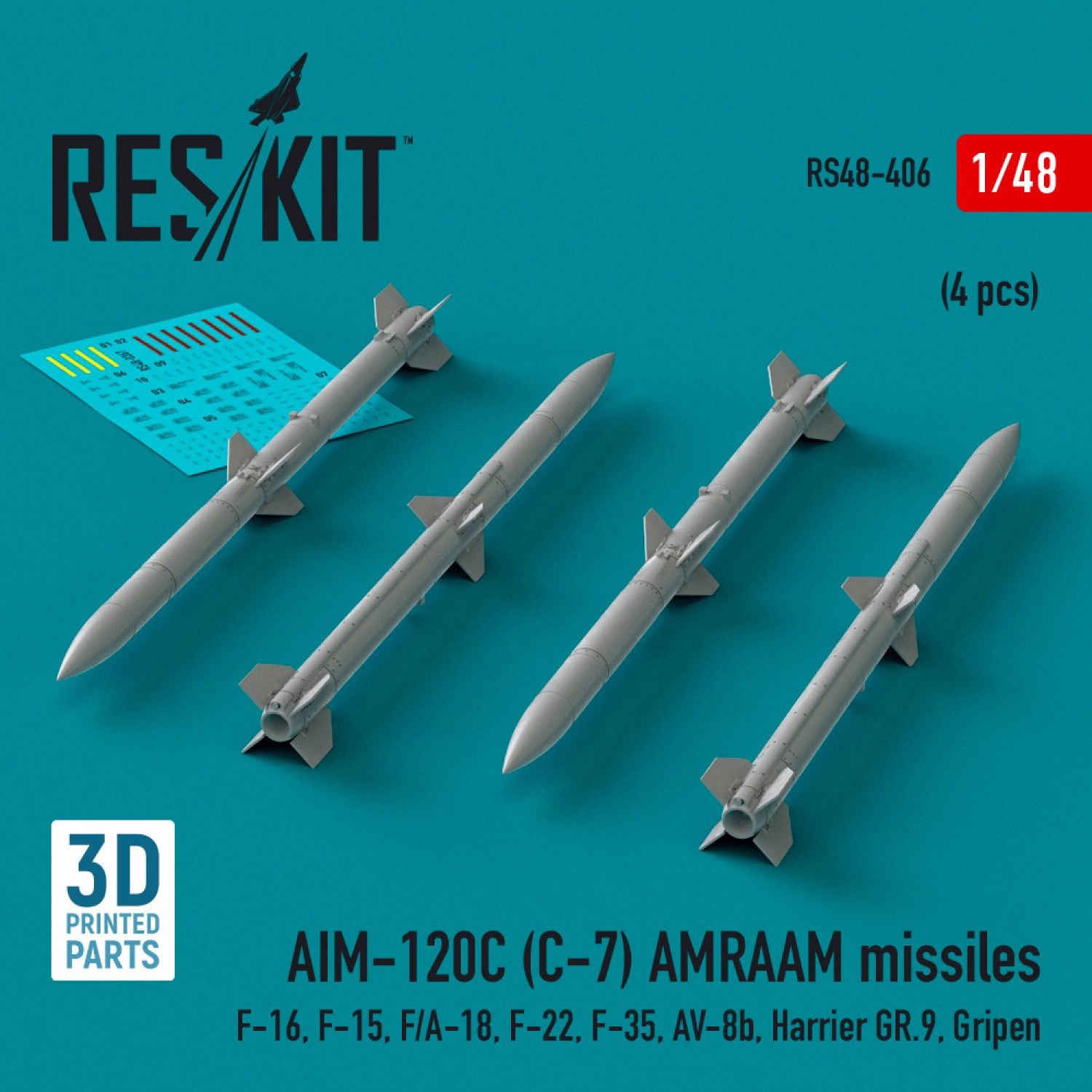 RS48-0406 - AIM-120C (C-7) AMRAAM missiles (4 pcs) (F-16, F-15, F/A-18, F-22, F-35, AV-8b, Harrier GR.9, Gripen) (3D Printed)  - 1:48