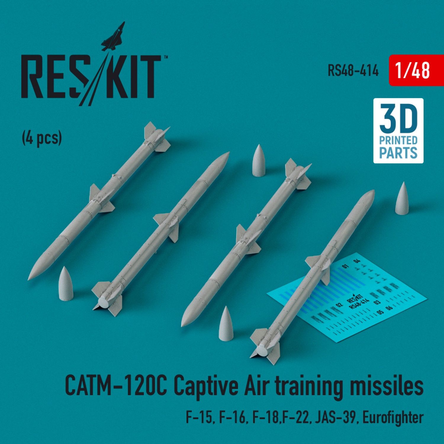 RS48-0414 - CATM-120C Captive air training missiles (4 pcs) (F-15, F-16, F-18,F-22, JAS-39, Eurofighter) (3D Printed)  - 1:48