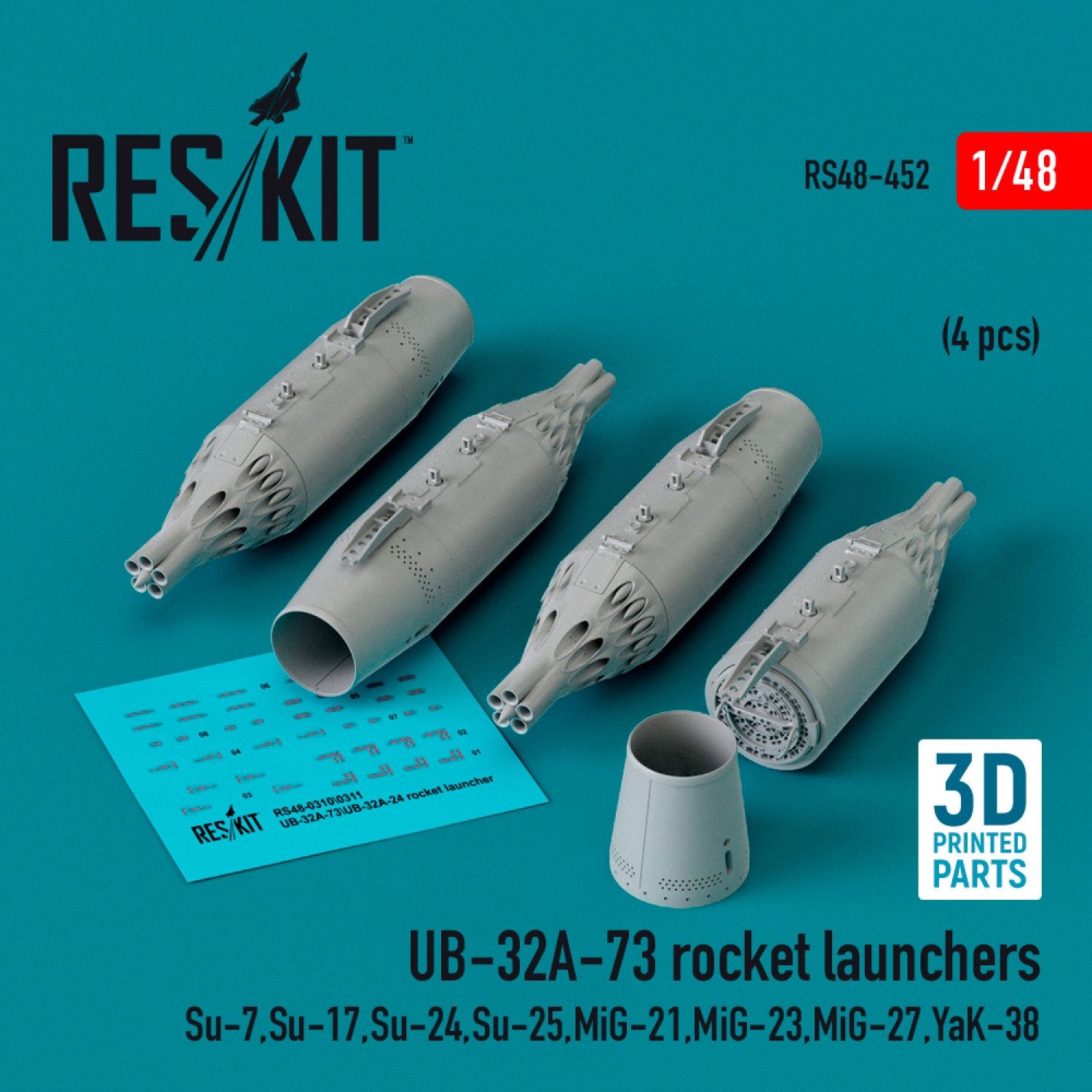 RS48-0452 - UB-32A-73 rocket launchers (4 pcs) (Su-7,Su-17,Su-24,Su-25,MiG-21,MiG-23,MiG-27,YaK-38) (3D Printed)  - 1:48
