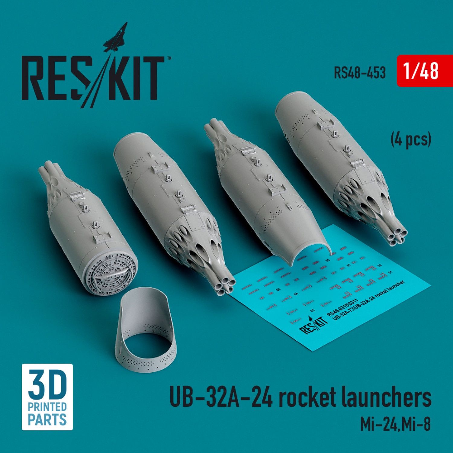 RS48-0453 - UB-32A-24 rocket launchers (4 pcs) (Mi-24,Mi-8) (3D Printed)  - 1:48