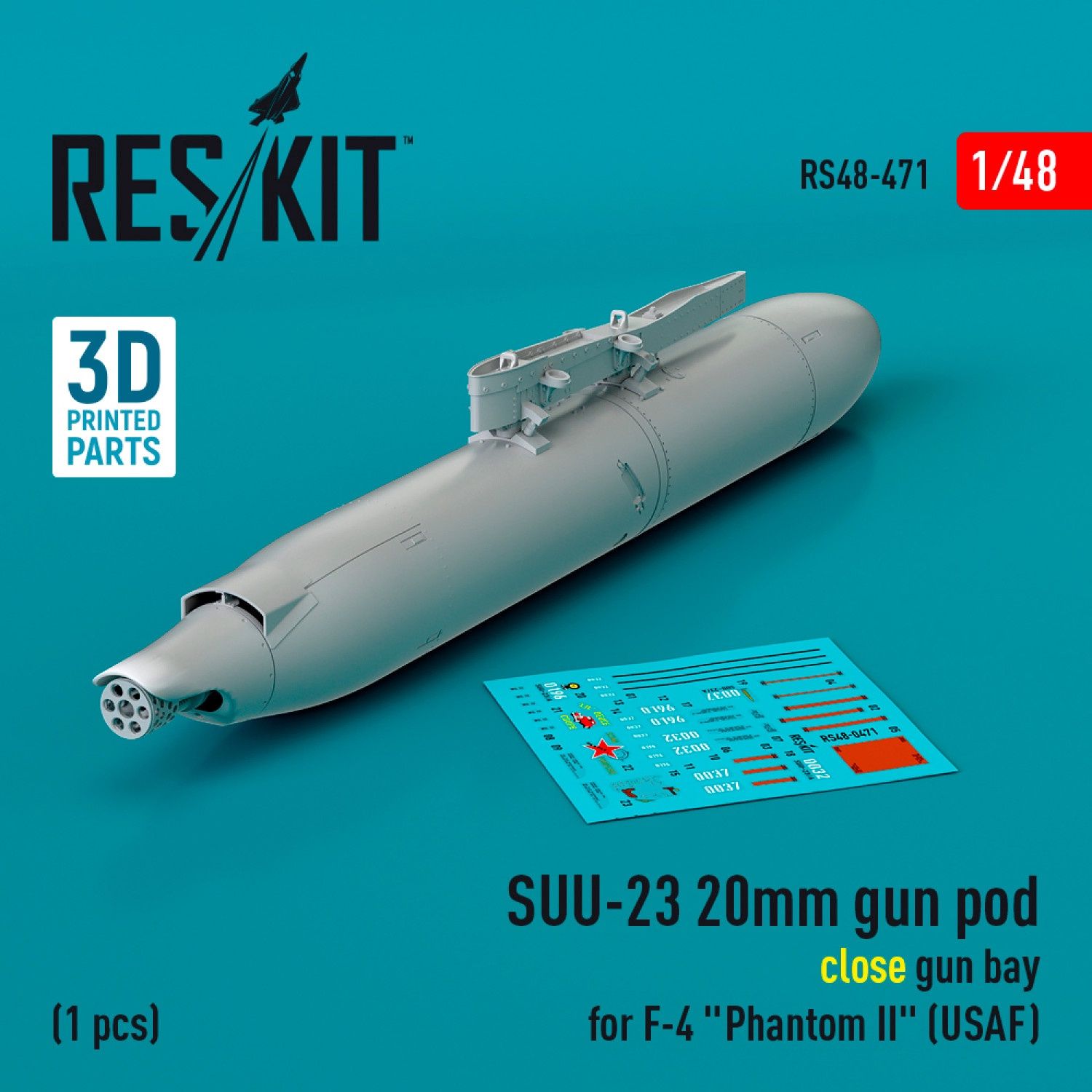 RS48-0471 - SUU-23 20mm gun pod (close gun bay) for F-4 &quot;Phantom II&quot; (USAF) (1 pcs) (3D Printed)  - 1:48