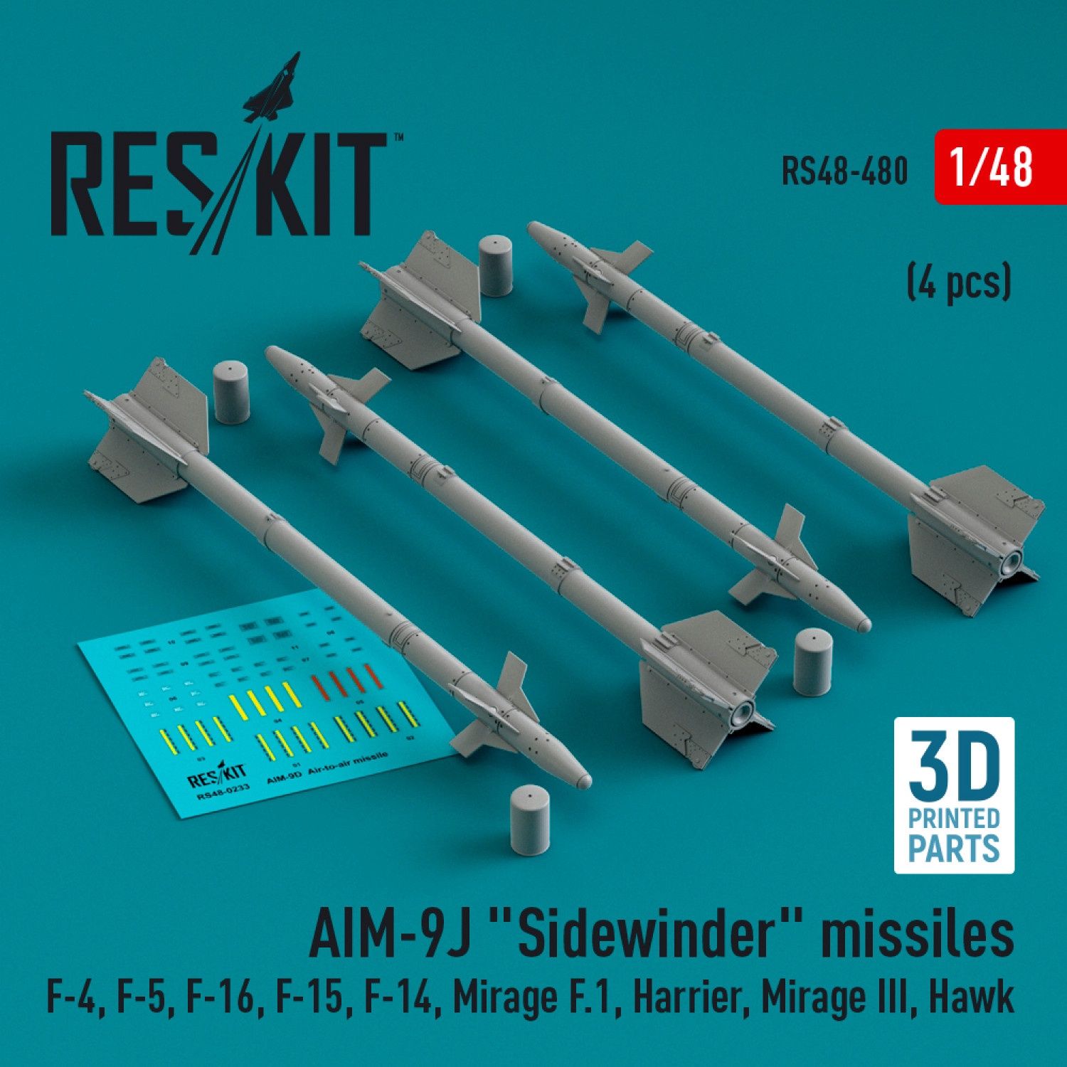 RS48-0480 - AIM-9J &quot;Sidewinder&quot; missiles (4 pcs) (F-4, F-5, F-16, F-15, F-14, Mirage F.1, Harrier, Mirage III, Hawk) (3D Printed)  - 1:48