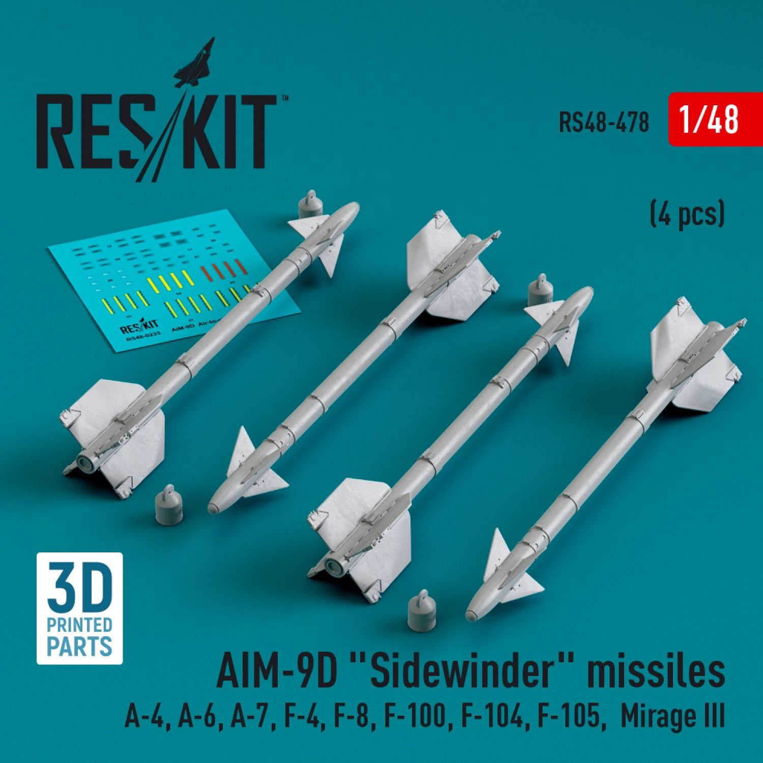 RS48-0478 - AIM-9D &quot;Sidewinder&quot; missiles (4 pcs) (A-4, A-6, A-7, F-4, F-8, F-100, F-104, F-105,  Mirage III) (3D Printed)  - 1:48