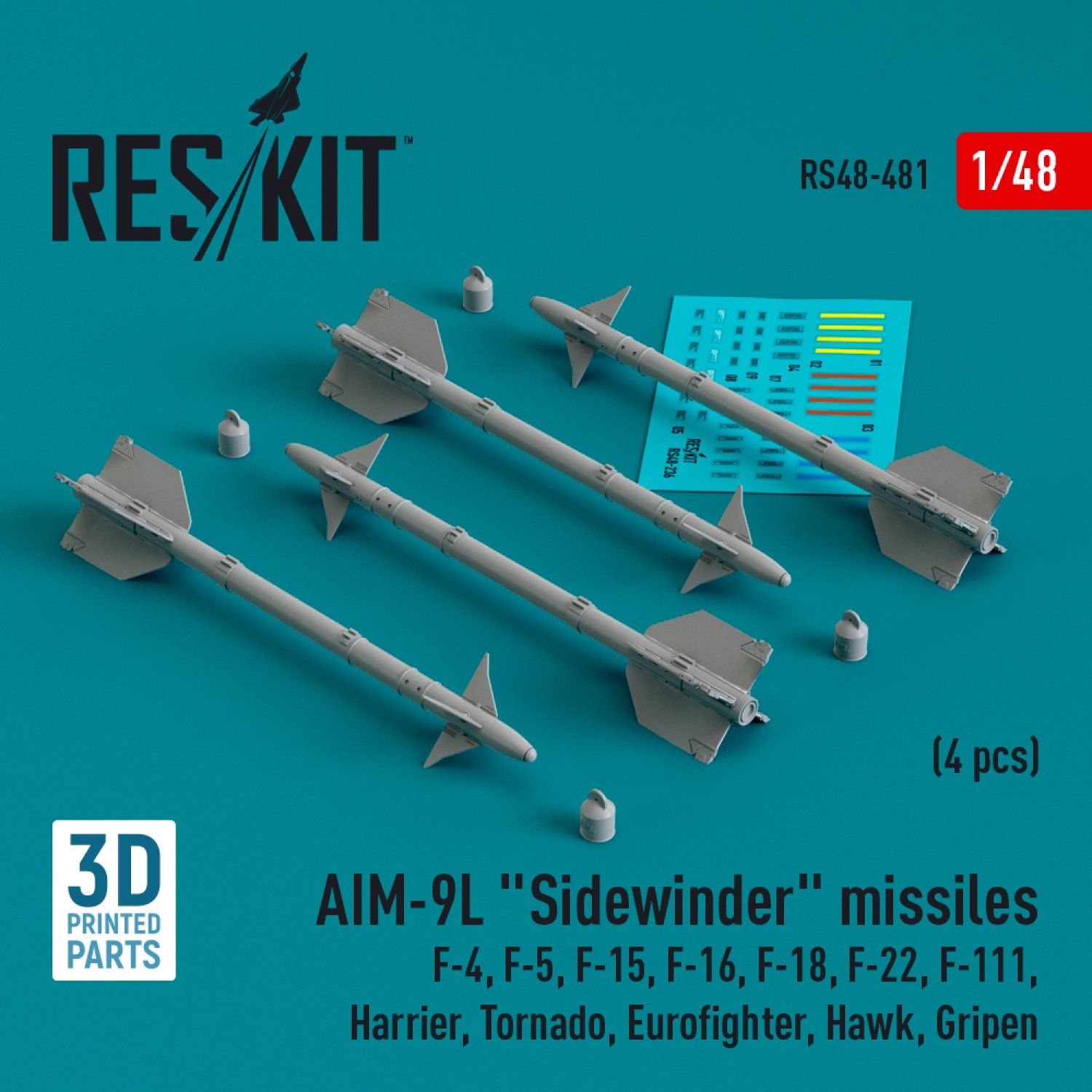 RS48-0481 - AIM-9L &quot;Sidewinder&quot; missiles (4 pcs) (F-4, F-5, F-15, F-16, F-18, F-22, F-111, Harrier, Tornado, Eurofighter, Hawk, Gripen) (3D Printed)  - 1:48