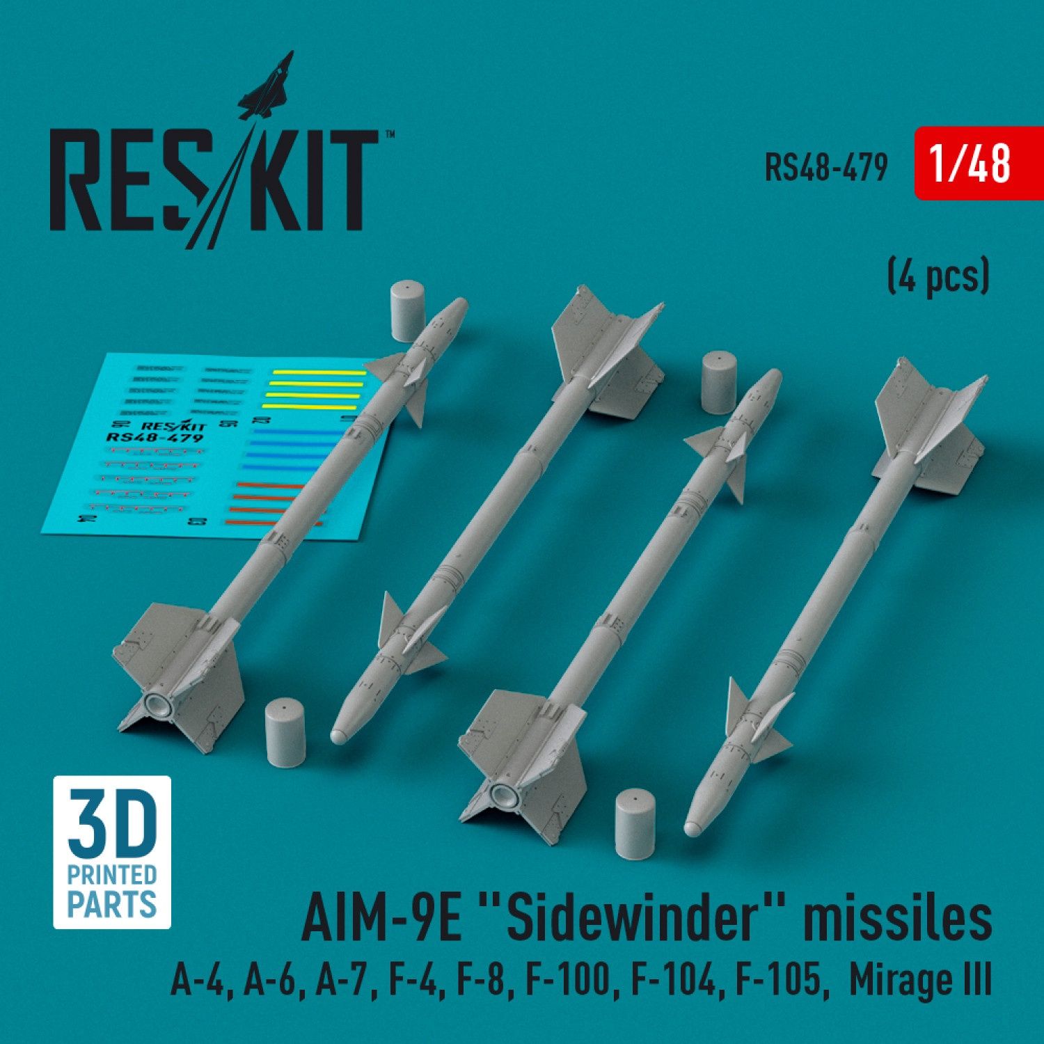 RS48-0479 - AIM-9E &quot;Sidewinder&quot; missiles (4 pcs) (A-4, A-6, A-7, F-4, F-8, F-100, F-104, F-105,  Mirage III) (3D Printed)  - 1:48