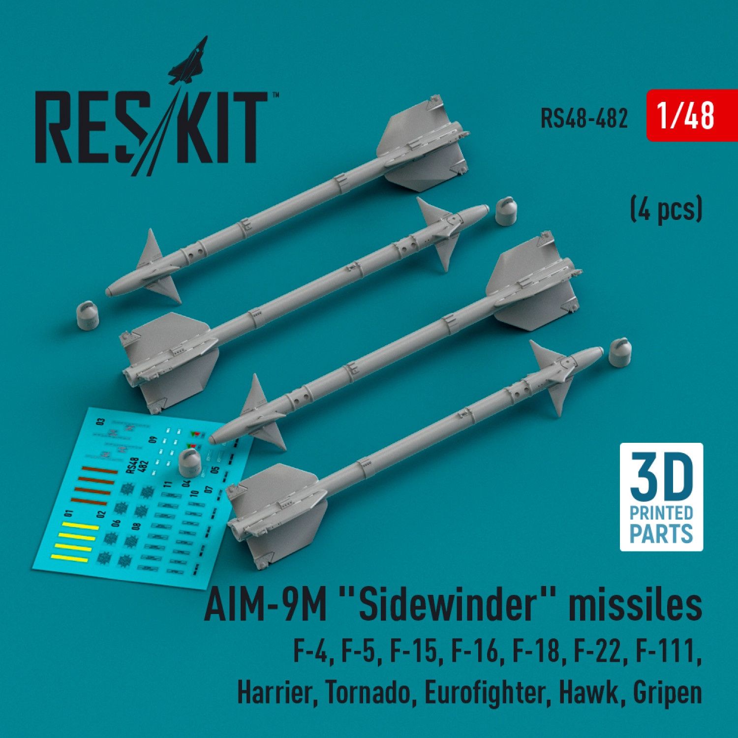 RS48-0482 - AIM-9M &quot;Sidewinder&quot; missiles (4 pcs)  (F-4, F-5, F-15, F-16, F-18, F-22, F-111, Harrier, Tornado, Eurofighter, Hawk, Gripen) (3D Printed)  - 1:48