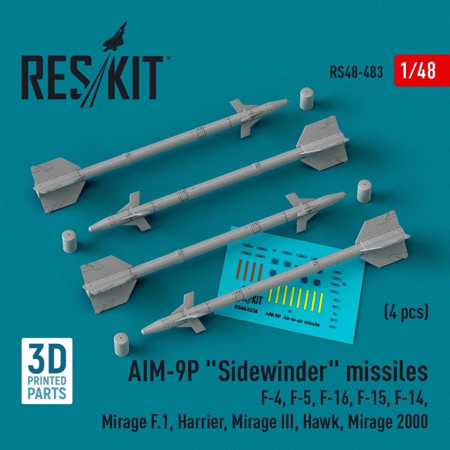 RS48-0483 - AIM-9P &quot;Sidewinder&quot; missiles (4 pcs) (F-4, F-5, F-16, F-15, F-14, Mirage F.1, Harrier, Mirage III, Hawk, Mirage 2000) (3D Printed)  - 1:48