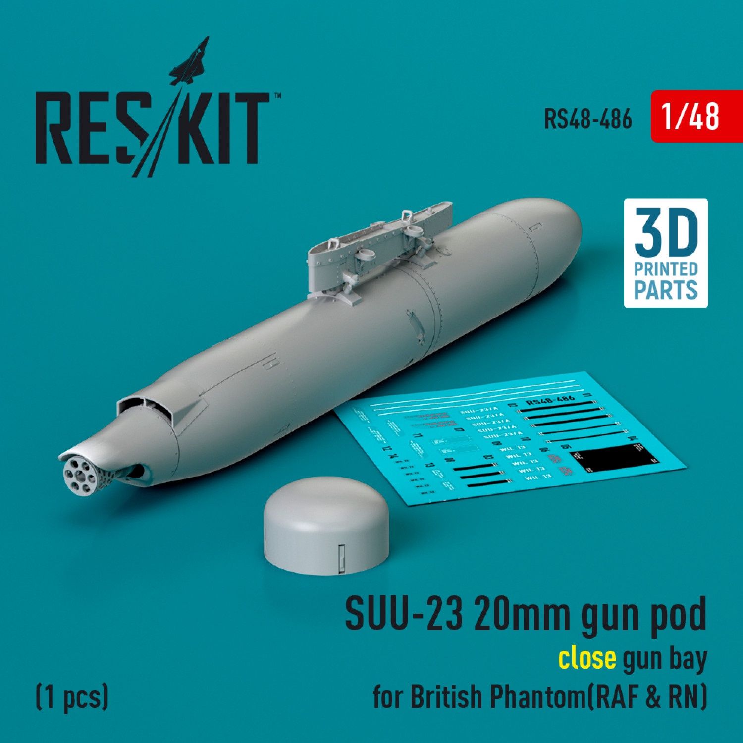 RS48-0486 - SUU-23 20mm gun pod (close gun bay) for British Phantom (RAF &amp; RN) (1 pcs) (3D Printed)  - 1:48