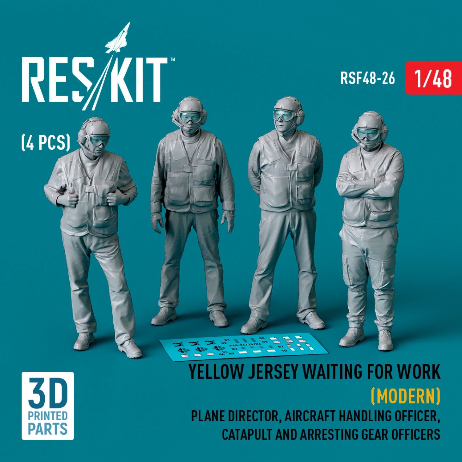RSF48-0026 - Yellow jersey waiting for work (Modern) Plane Director, Aircraft Handling Officer, Catapult and Arresting Gear Officers (4 pcs) (3D Printed)  - 1:48