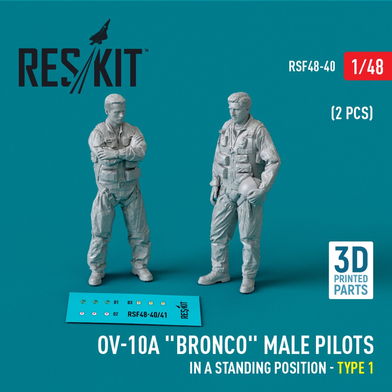 RSF48-0040 - OV-10A &quot;Bronco&quot; male pilots (in a standing position - type 1) (2 pcs) (3D Printed)  - 1:48