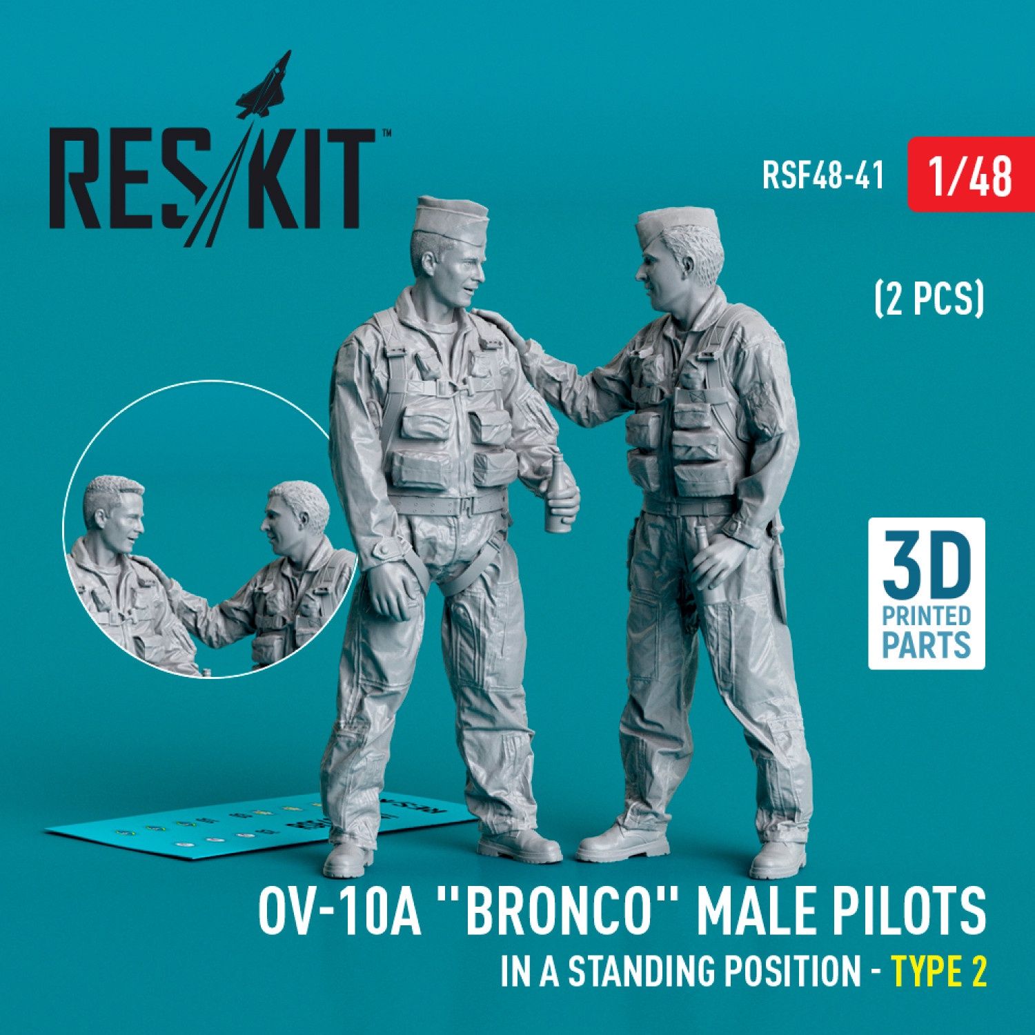 RSF48-0041 - OV-10A &quot;Bronco&quot; male pilots (in a standing position - type 2) (2 pcs) (3D Printed)  - 1:48