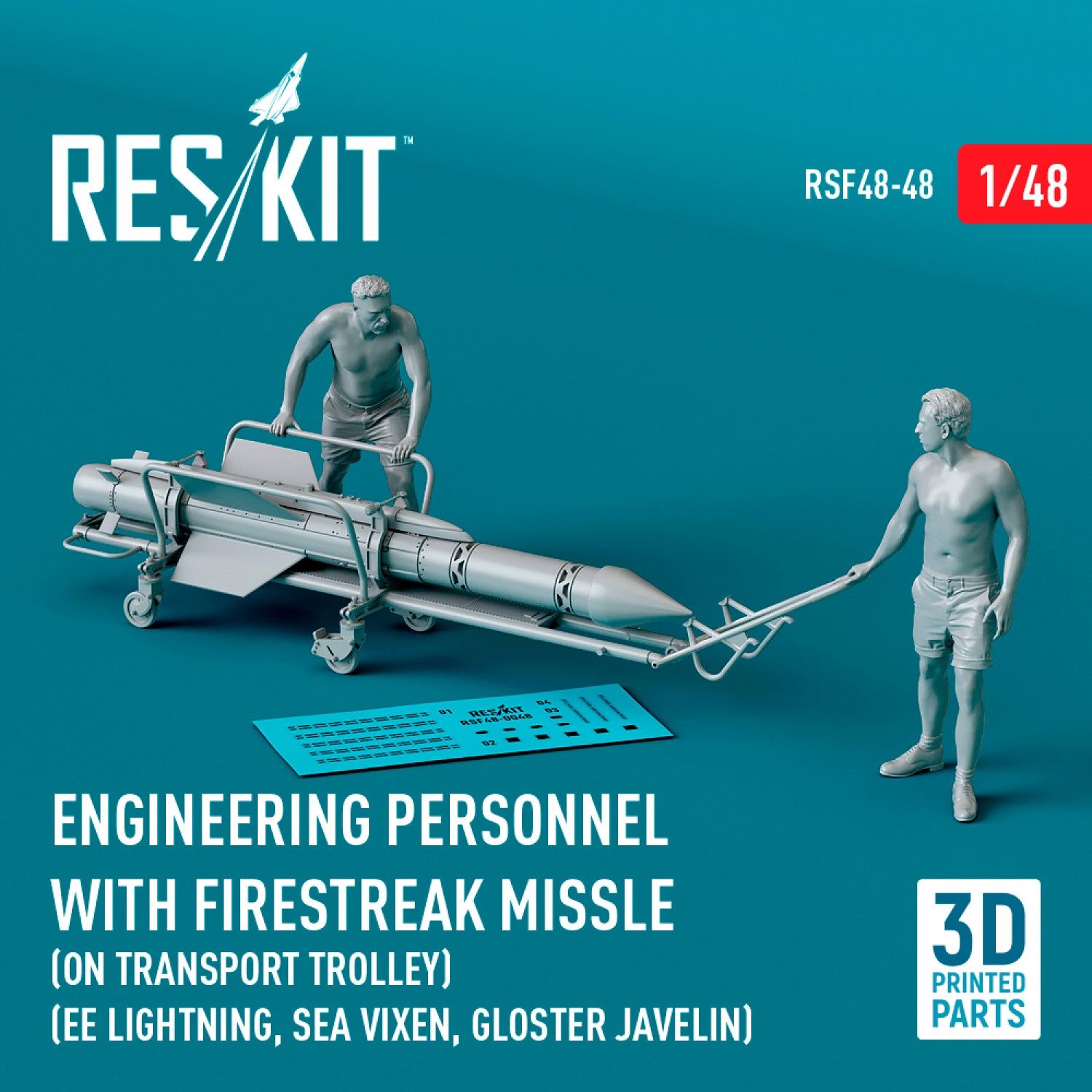 RSF48-0048 - Engineering Personnel with Firestreak missle (on transport trolley)  (EE Lightning, Sea Vixen, Gloster Javelin) (1 pcs) (3D Printed)  - 1:48
