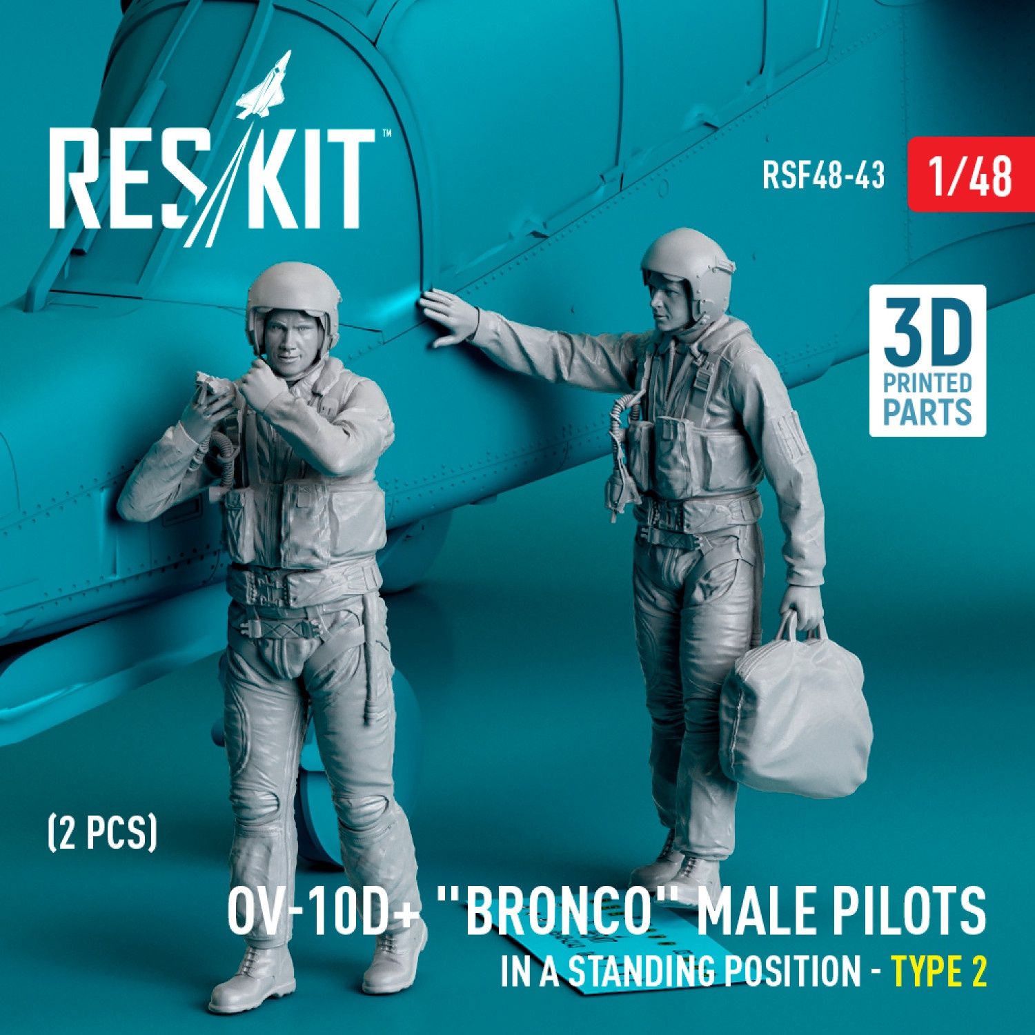 RSF48-0043 - OV-10D+ &quot;Bronco&quot; male pilots (in a standing position - type 2) (2 pcs) (3D Printed)  - 1:48