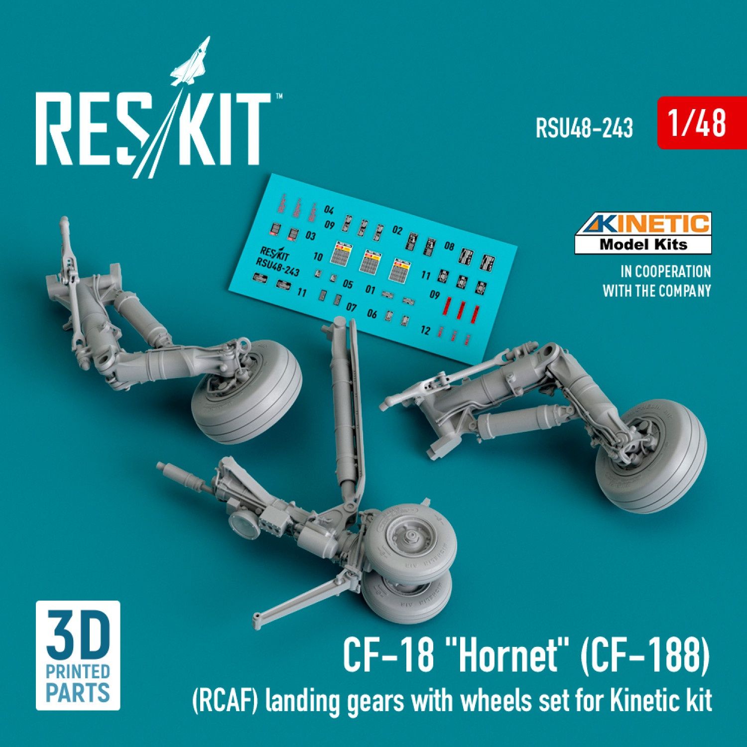 RSU48-0243 - CF-18 &quot;Hornet&quot; (CF-188) (RCAF) landing gears with wheels set for Kinetic kit (3D Printed)  - 1:48