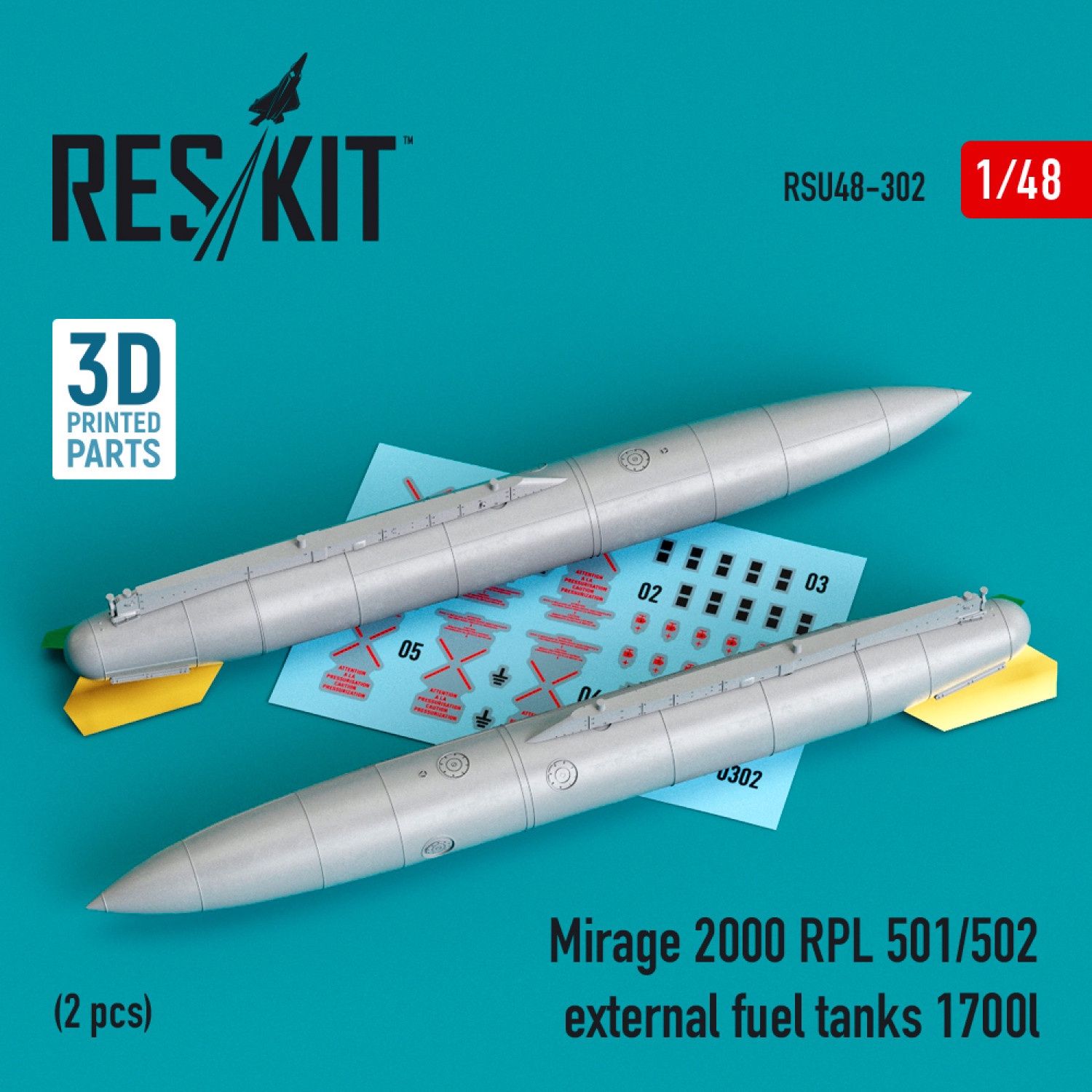 RSU48-0302 - Mirage 2000 RPL 501/502 external fuel tanks 1700lt (2 pcs) (3D Printing) - 1:48