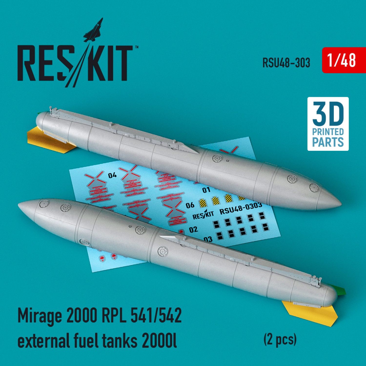 RSU48-0303 - Mirage 2000 RPL 541/542 external fuel tanks 2000lt (2 pcs) (3D Printing) - 1:48