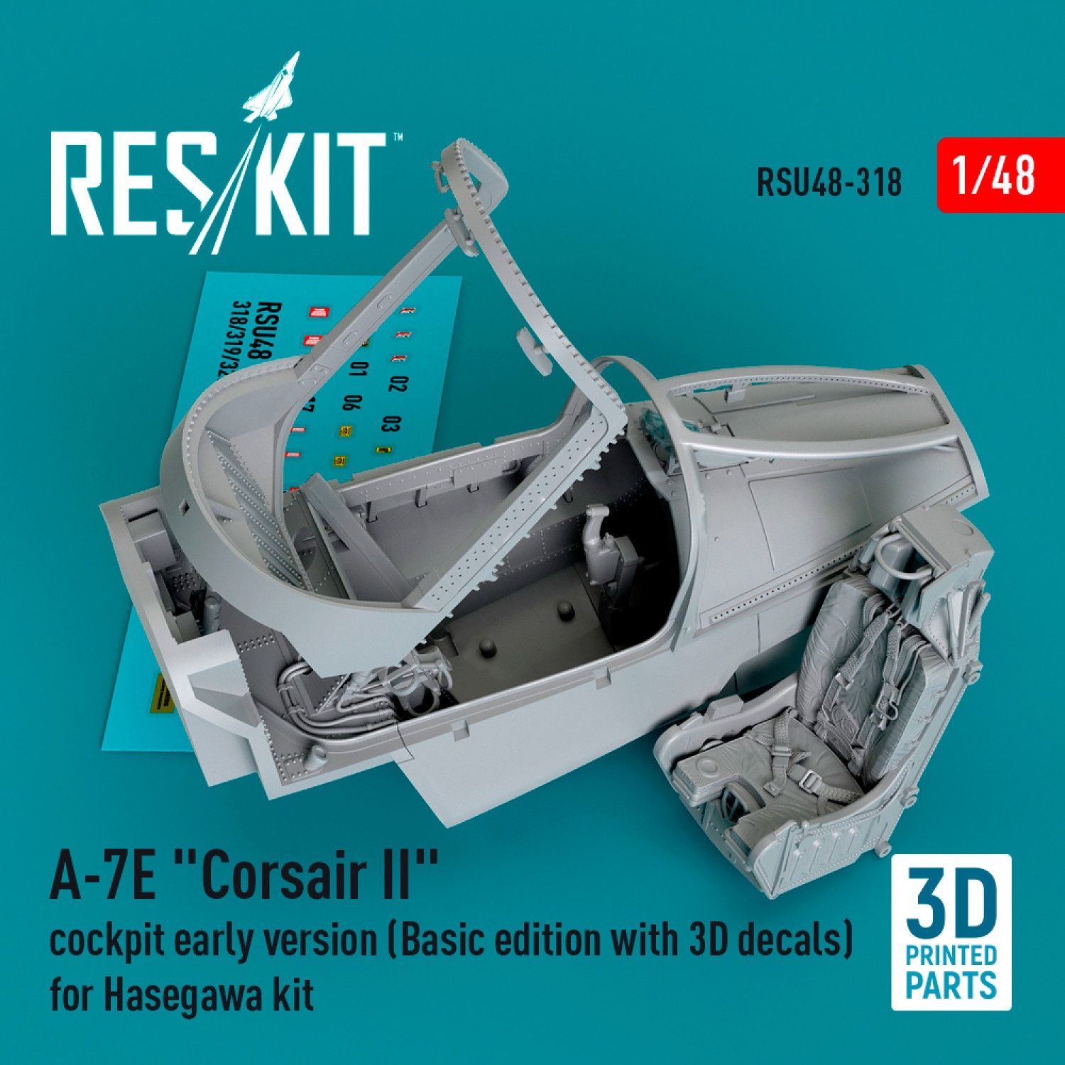 RSU48-0318 - A-7E &quot;Corsair II&quot; cockpit early version (Basic edition with 3D decals) for Hasegawa kit (3D Printed)  - 1:48