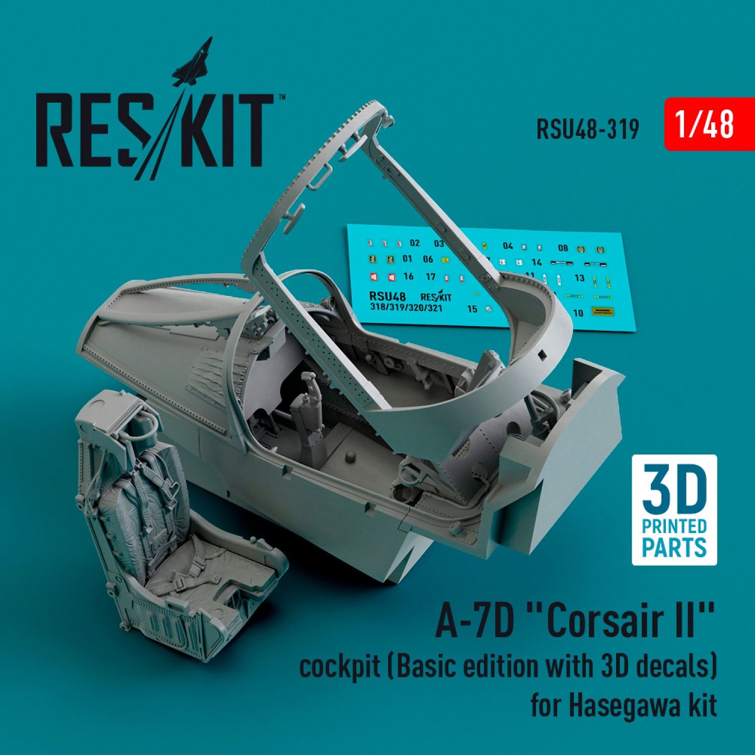 RSU48-0319 - A-7D &quot;Corsair II&quot; cockpit (Basic edition with 3D decals) for Hasegawa kit (3D Printed)  - 1:48