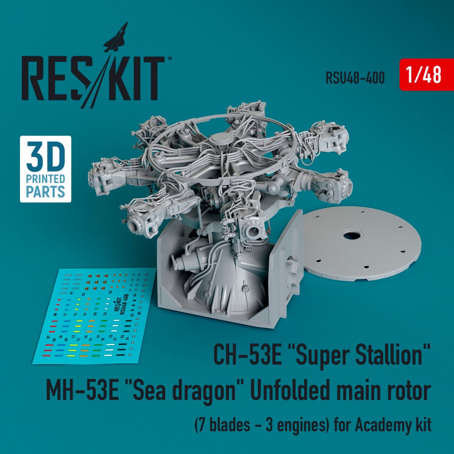RSU48-0400 - CH-53E &quot;Super Stallion&quot;, MH-53E &quot;Sea dragon&quot; unfolded main rotor (7 blades - 3 engines) for Academy kit (3D printed)  - 1:48
