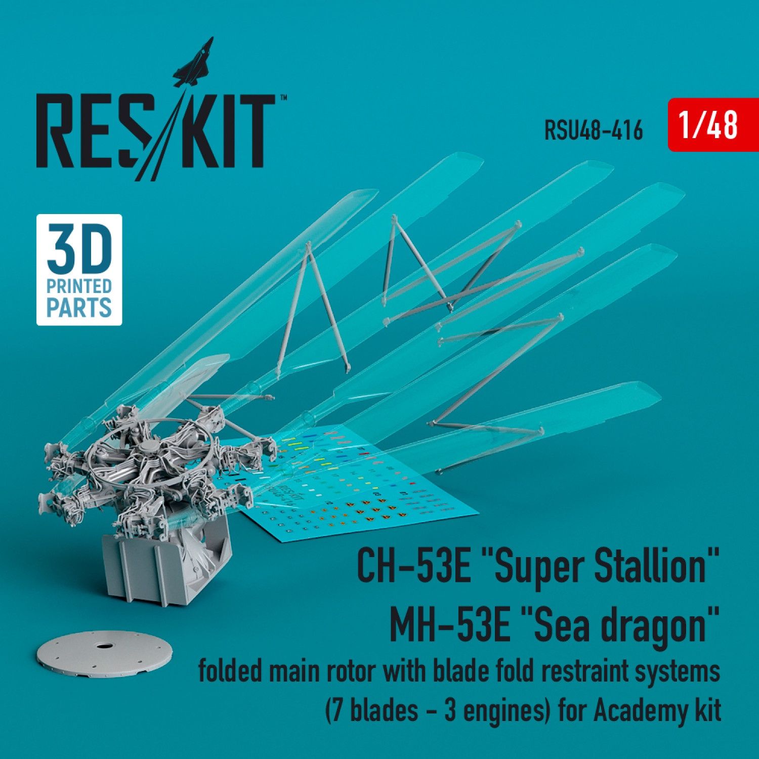 RSU48-0416 - CH-53E &quot;Super Stallion&quot;, MH-53E &quot;Sea dragon&quot; folded main rotor with blade fold restraint systems  (7 blades - 3 engines) for Academy kit (3D printed)  - 1:48