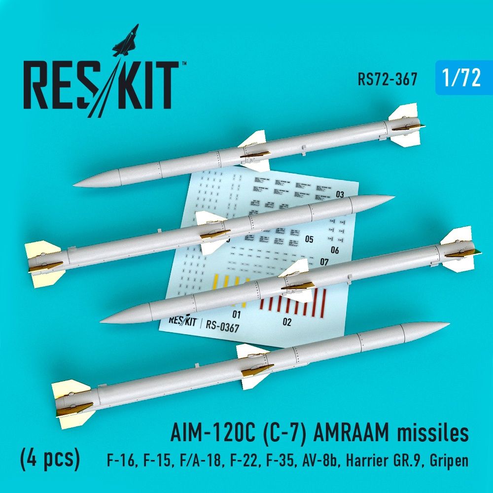 RS72-0367 - AIM-120C (C-7) AMRAAM missiles (4 pcs) (F-16, F-15, F/A-18, F-22, F-35, AV-8b, Harrier gr.9, Gripen) - 1:72