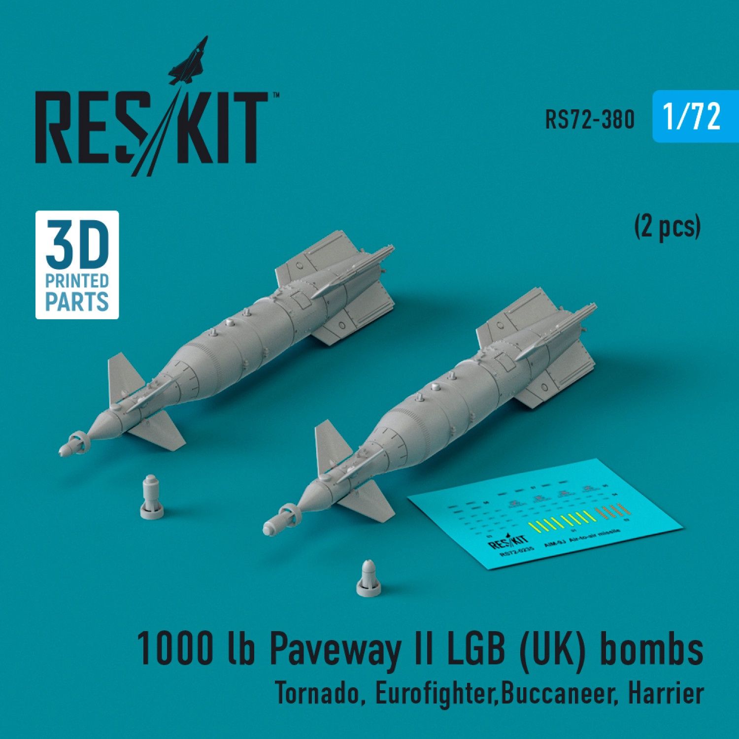 RS72-0380 - 1000 lb Paveway II LGB (UK) bombs (2 pcs) (Tornado, Eurofighter,Buccaneer, Harrier) (3D Printed)  - 1:72