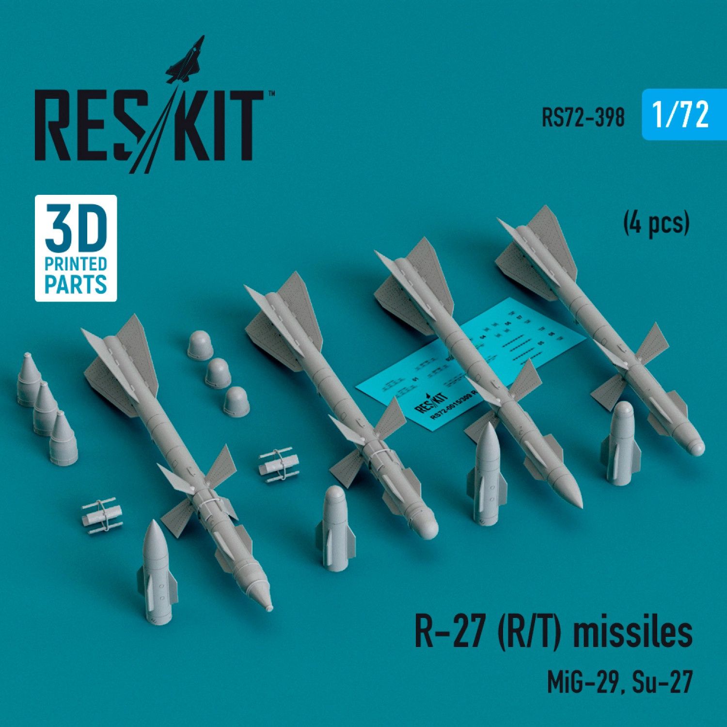 RS72-0398 - R-27 (R/T) missiles (4 pcs) (MiG-29, Su-27) (3D Printed)  - 1:72