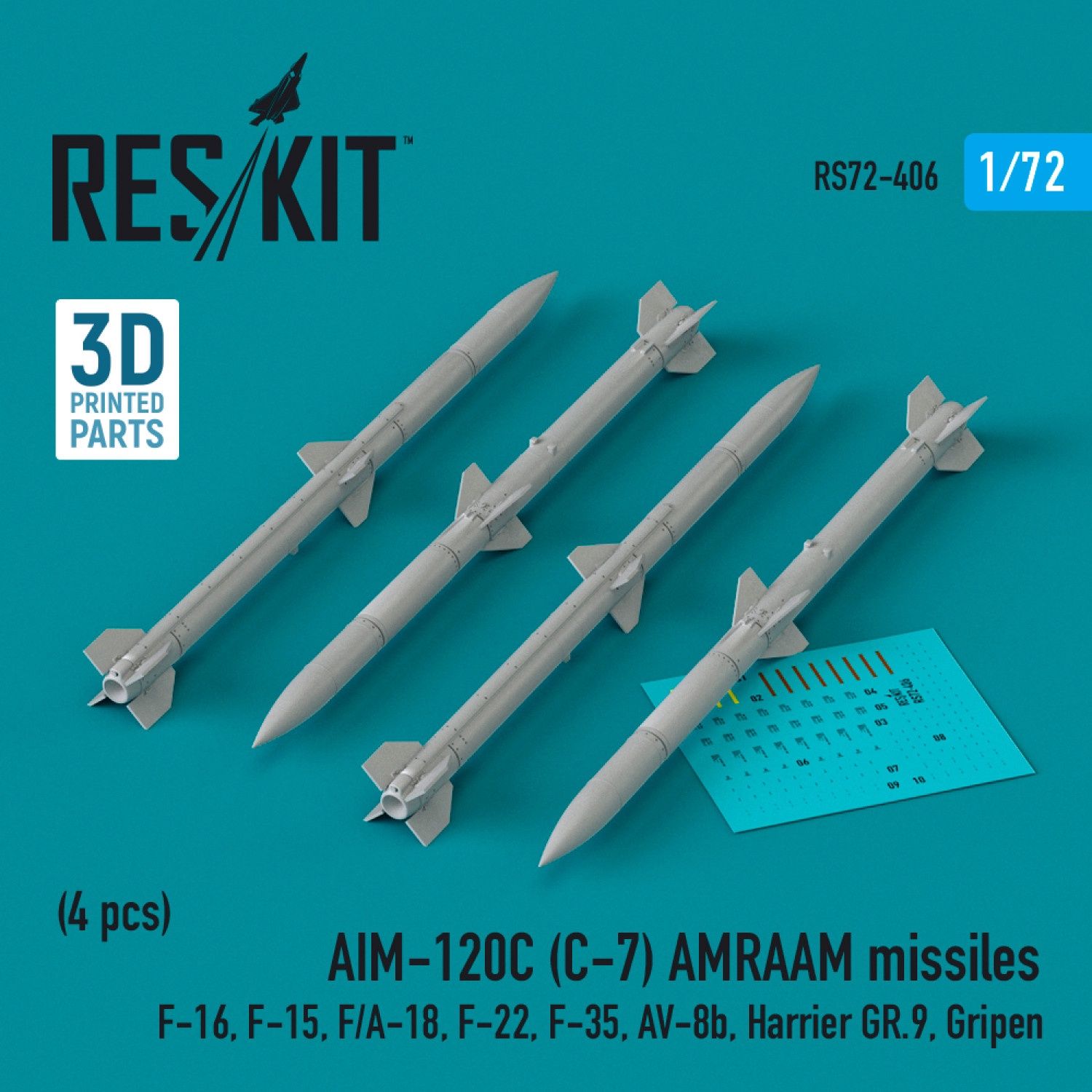 RS72-0406 - AIM-120C (C-7) AMRAAM missiles (4 pcs) (F-16, F-15, F/A-18, F-22, F-35, AV-8b, Harrier GR.9, Gripen) (3D Printed)  - 1:72
