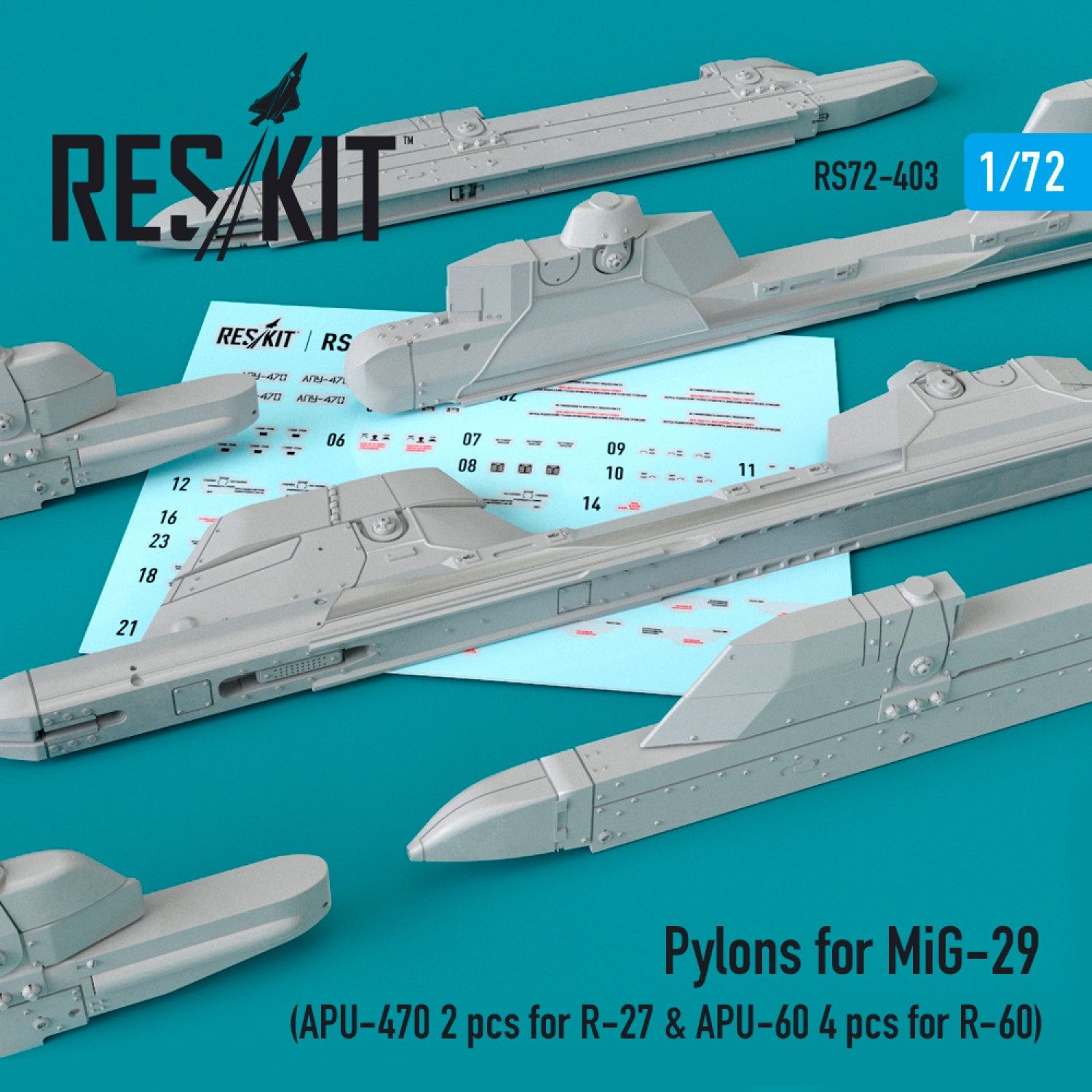 RS72-0403 - Pylons for MiG-29 (APU-470 2 pcs for R-27 &amp; APU-60 2 pcs for R-60) - 1:72