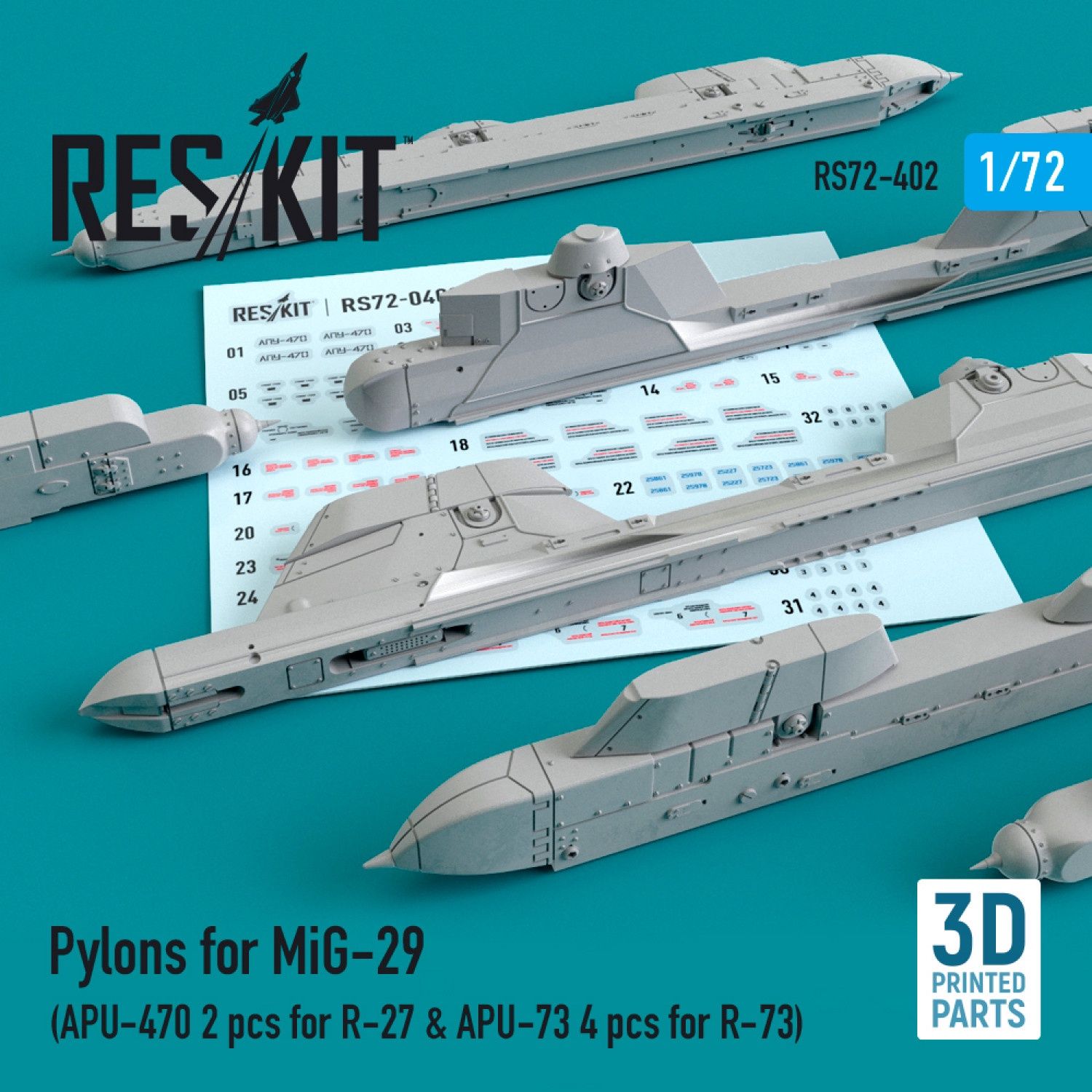 RS72-0402 - Pylons for MiG-29 (APU-470 2 pcs for R-27 &amp; APU-73 2 pcs for R-73)  - 1:72