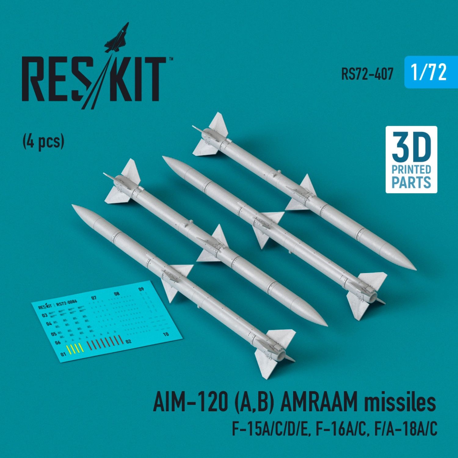 RS72-0407 - AIM-120 (A,B) AMRAAM missiles (4 pcs) (F-15A/C/D/E, F-16A/C, F/A-18A/C) (3D Printed)  - 1:72