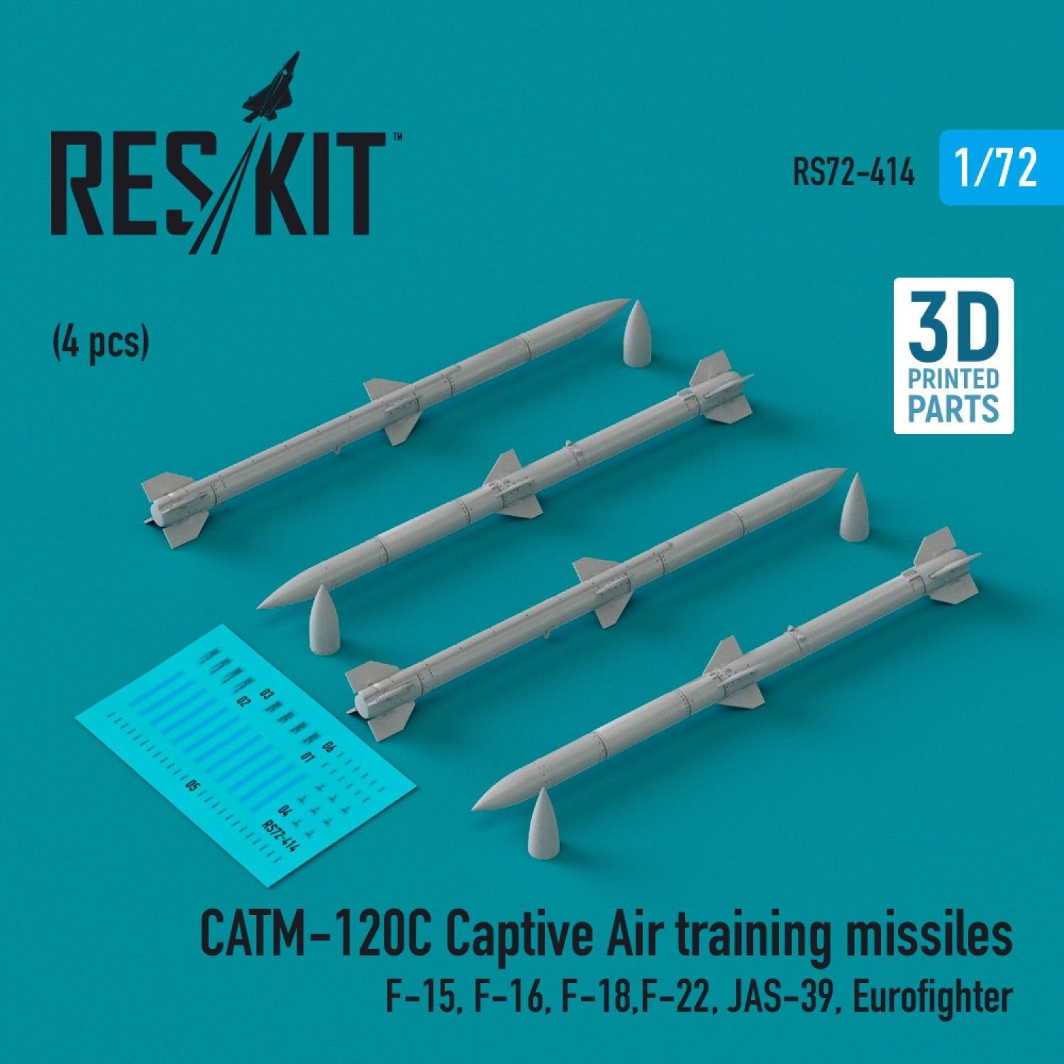 RS72-0414 - CATM-120C Captive Air training missiles (4 pcs) (F-15, F-16, F-18,F-22, JAS-39, Eurofighter) (3D Printed)  - 1:72