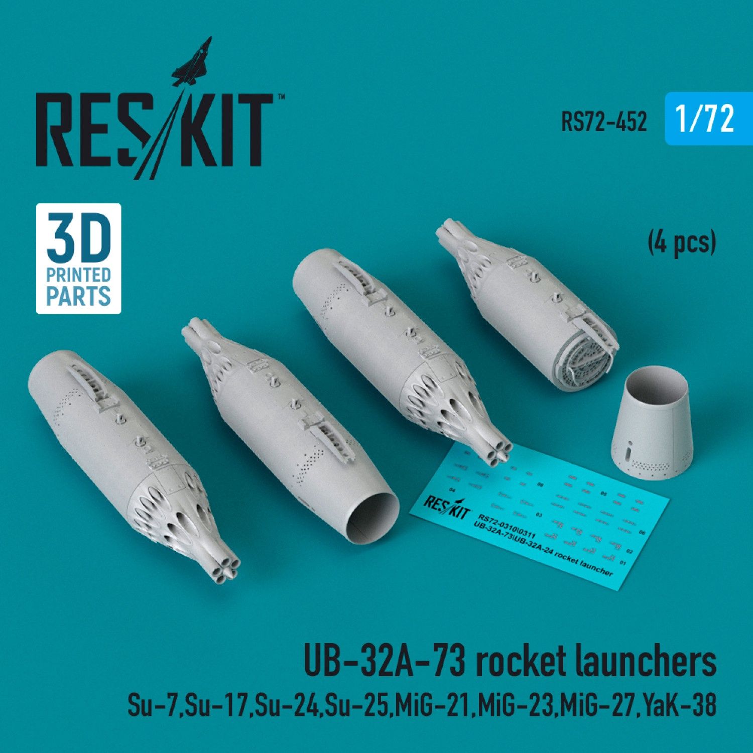 RS72-0452 - UB-32A-73 rocket launchers (4 pcs) (Su-7, Su-17, Su-24, Su-25, MiG-21, MiG-23, MiG-27, YaK-38) (3D Printed)  - 1:72