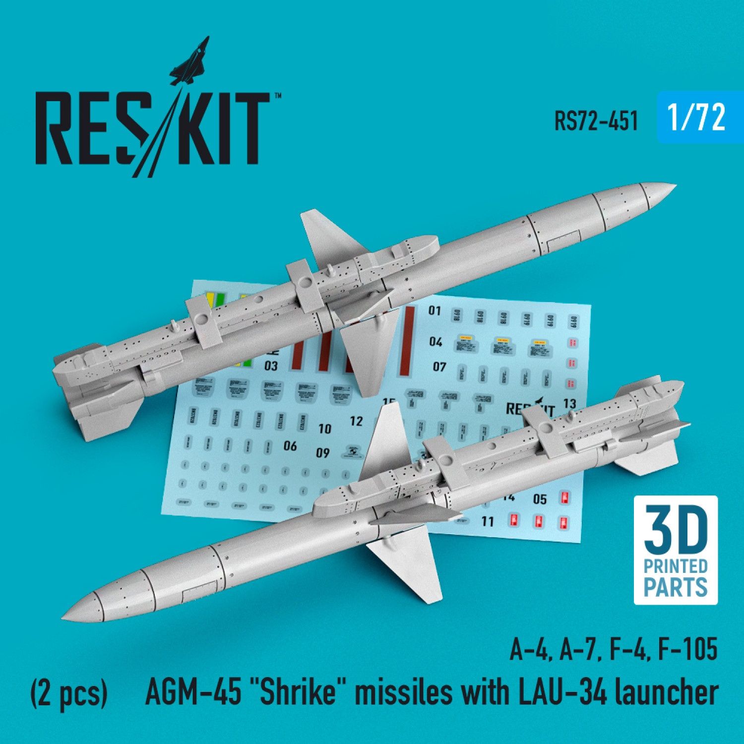 RS72-0451 - AGM-45 &quot;Shrike&quot; missiles with LAU-34 launcher (2 pcs) (A-4, A-7, F-4, F-105) (3D Printed)  - 1:72