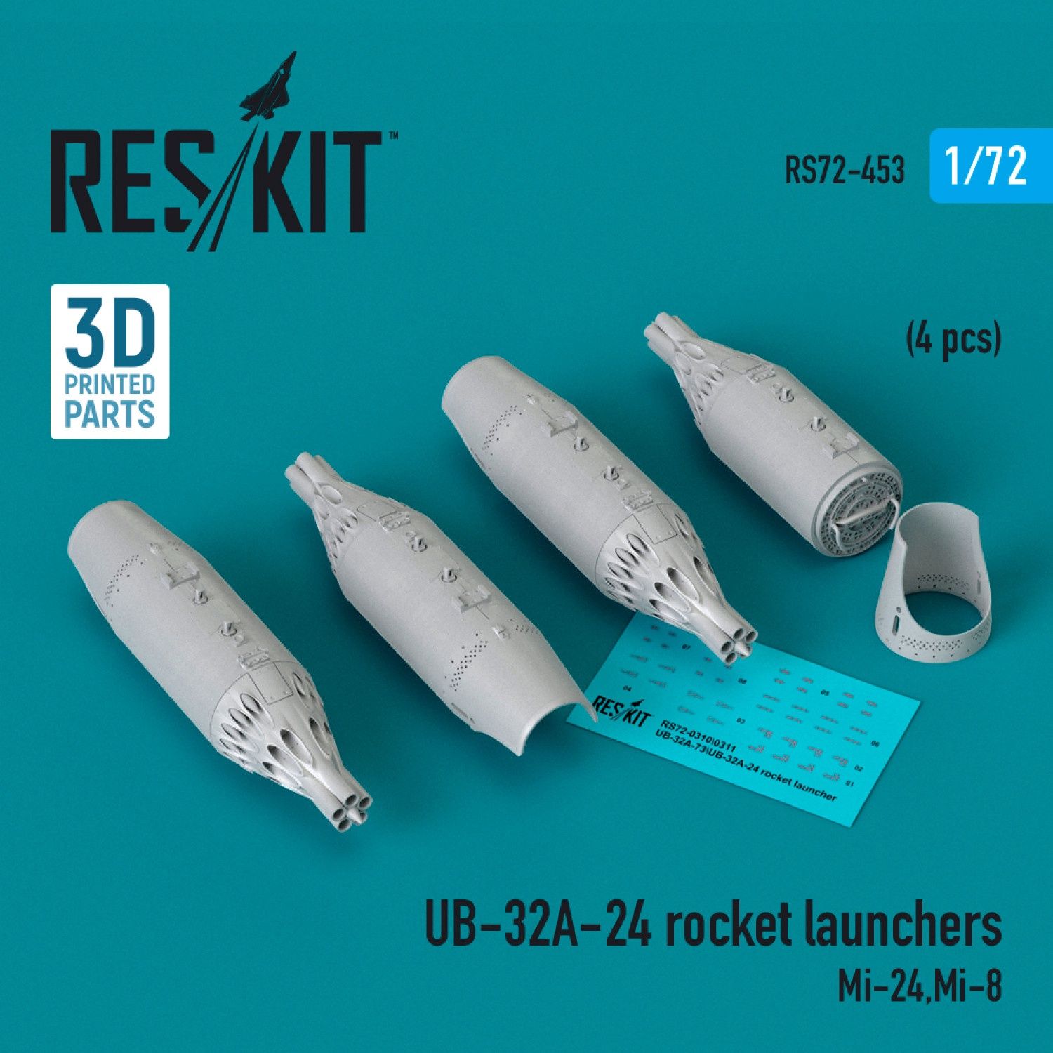 RS72-0453 - UB-32A-24 rocket launchers (4 pcs) (Mi-24, Mi-8) (3D Printed)  - 1:72