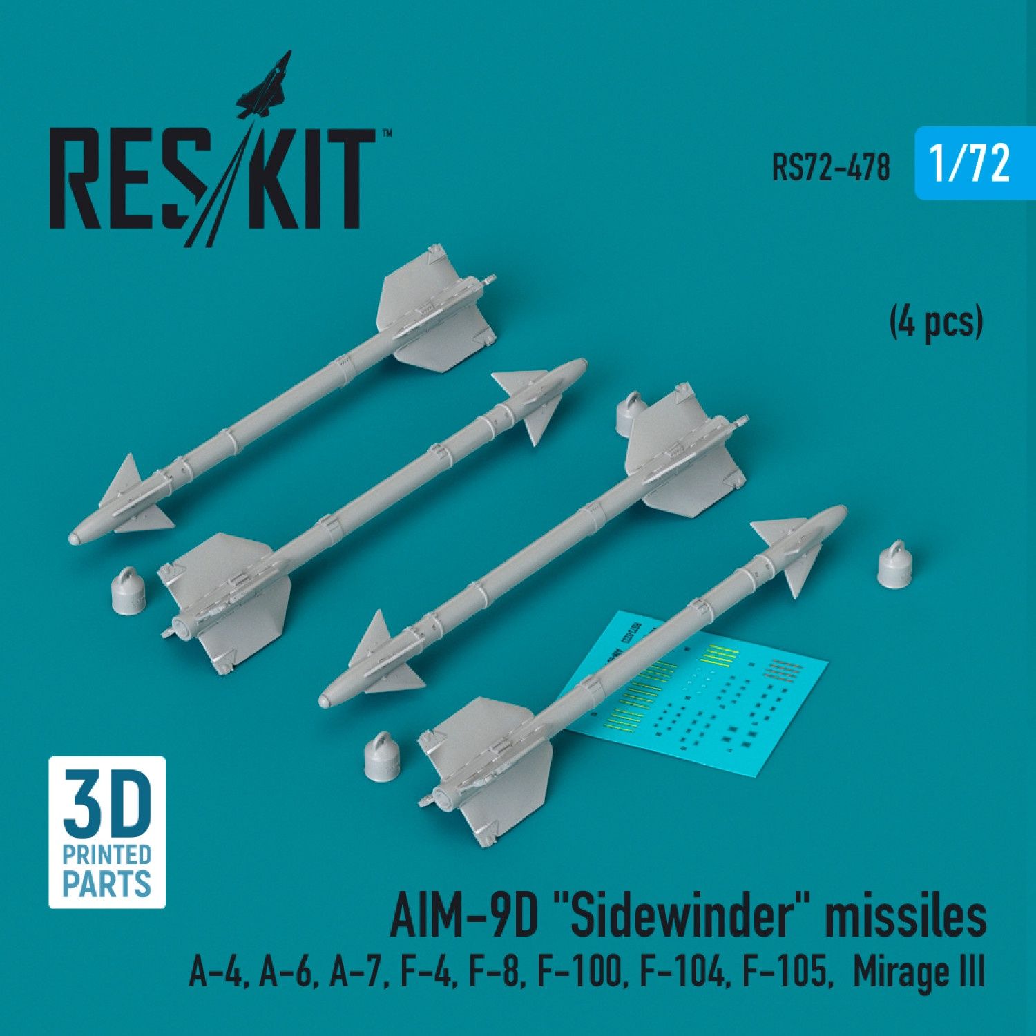 RS72-0478 - AIM-9D &quot;Sidewinder&quot; missiles (4 pcs) (A-4, A-6, A-7, F-4, F-8, F-100, F-104, F-105, Mirage III) (3D Printed)  - 1:72