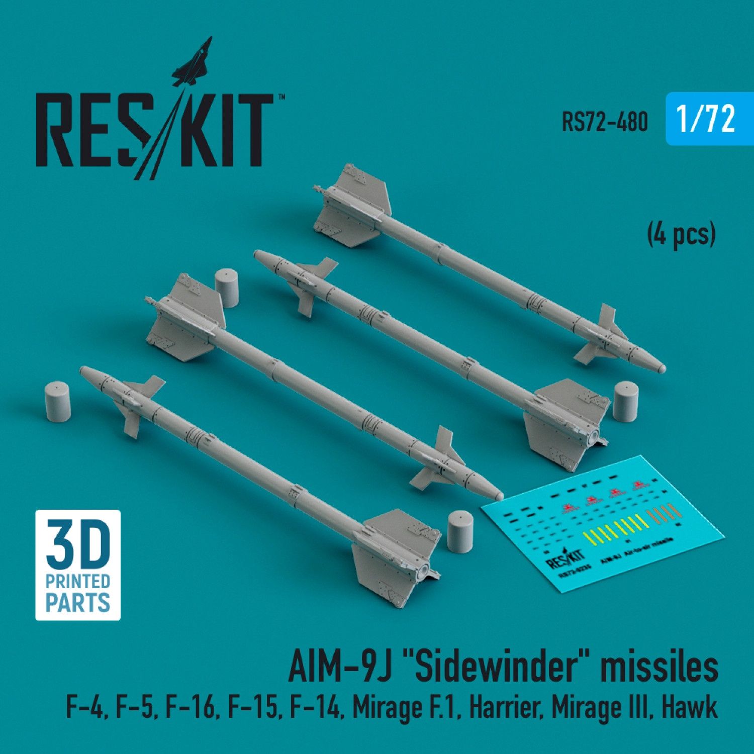 RS72-0480 - AIM-9J &quot;Sidewinder&quot; missiles (4 pcs) (F-4, F-5, F-16, F-15, F-14, Mirage F.1, Harrier, Mirage III, Hawk) (3D Printed)  - 1:72