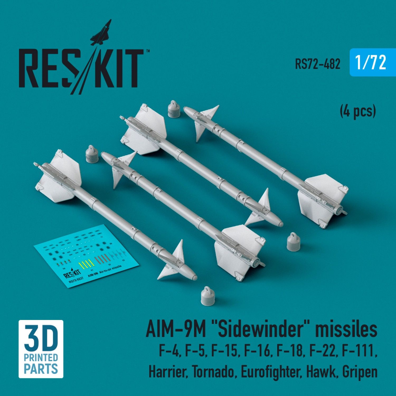 RS72-0482 - AIM-9M &quot;Sidewinder&quot; missiles (4 pcs)  (F-4, F-5, F-15, F-16, F-18, F-22, F-111, Harrier, Tornado, Eurofighter, Hawk, Gripen) (3D Printed)  - 1:72