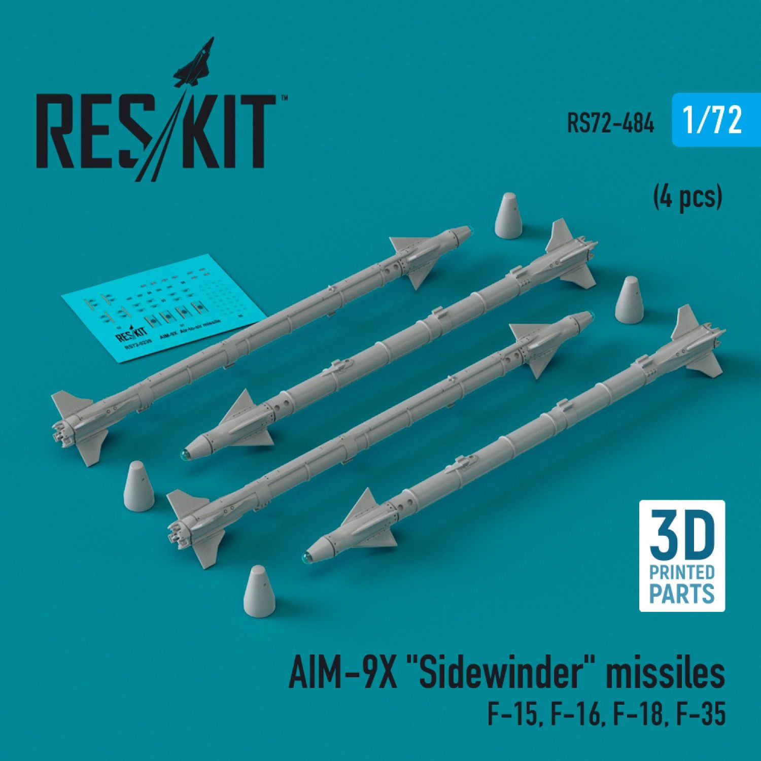 RS72-0484 - AIM-9X &quot;Sidewinder&quot; missiles (4 pcs) (F-15, F-16, F-18, F-35) (3D Printed)  - 1:72