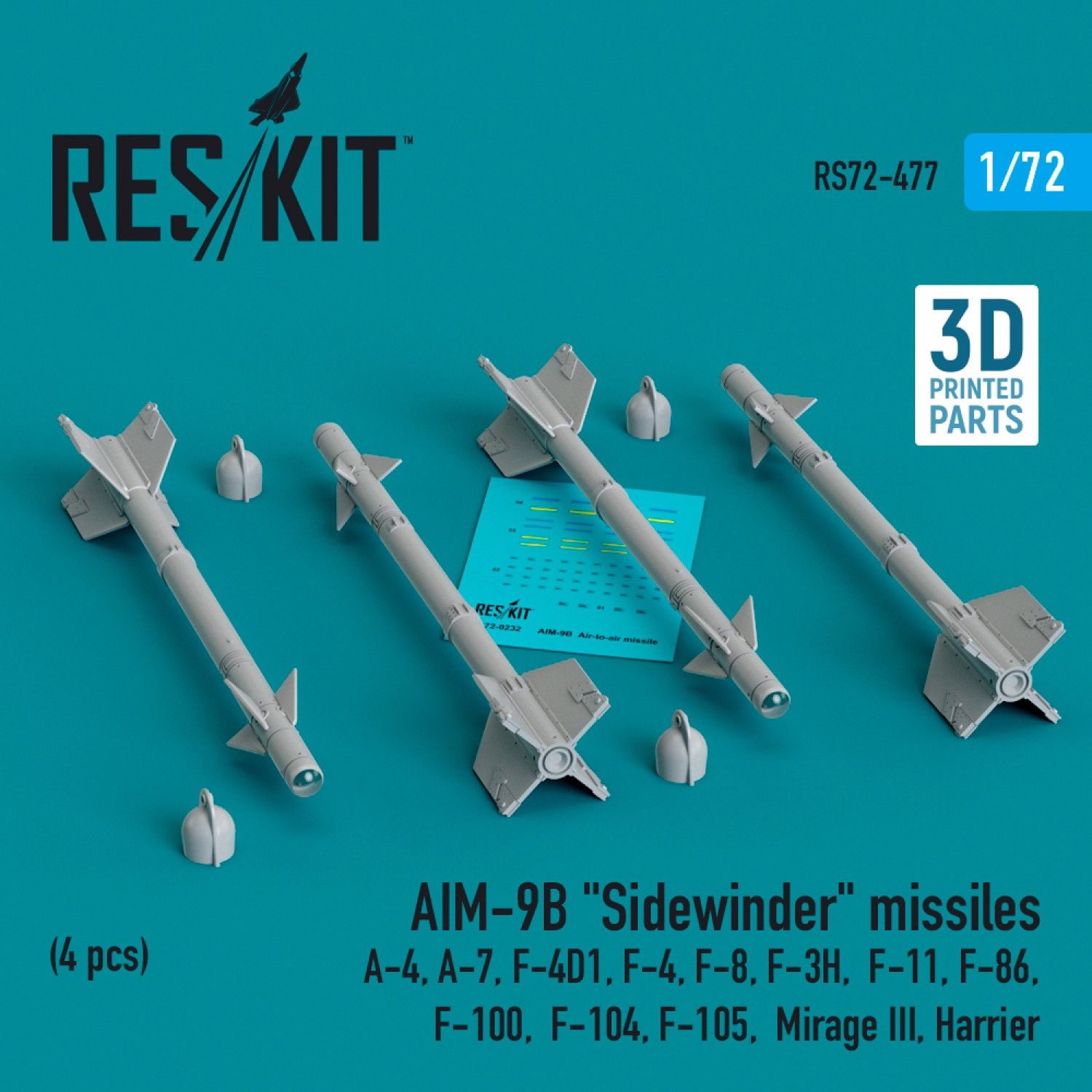 RS72-0477 - AIM-9B &quot;Sidewinder&quot; missiles (4 pcs) (A-4, A-7, F-4D1, F-4, F-8, F-3H,  F-11, F-86,F-100,  F-104, F-105,  Mirage III, Harrier) (3D Printed)  - 1:72