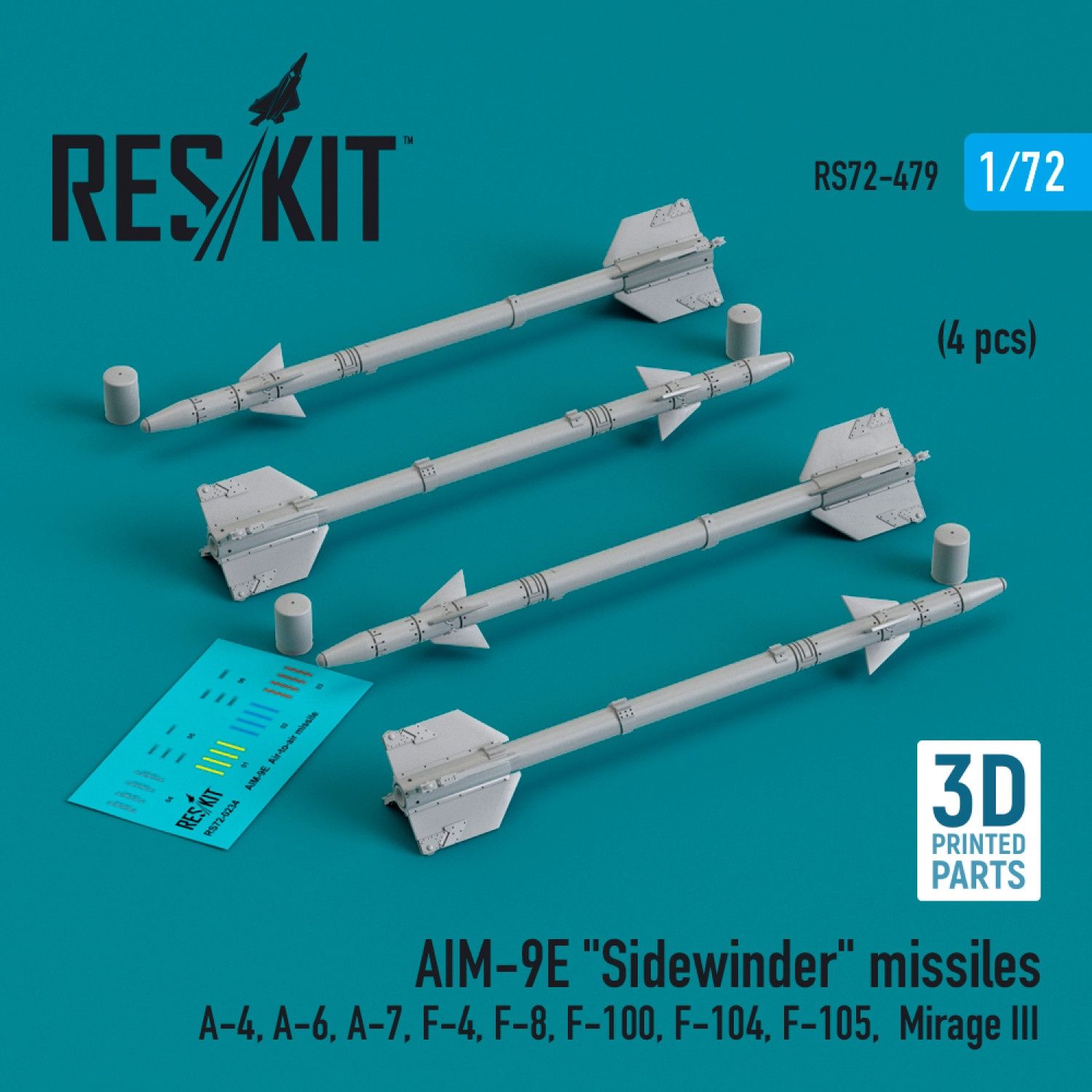 RS72-0479 - AIM-9E &quot;Sidewinder&quot; missiles (4 pcs) (A-4, A-6, A-7, F-4, F-8, F-100, F-104, F-105,  Mirage III) (3D Printed)  - 1:72