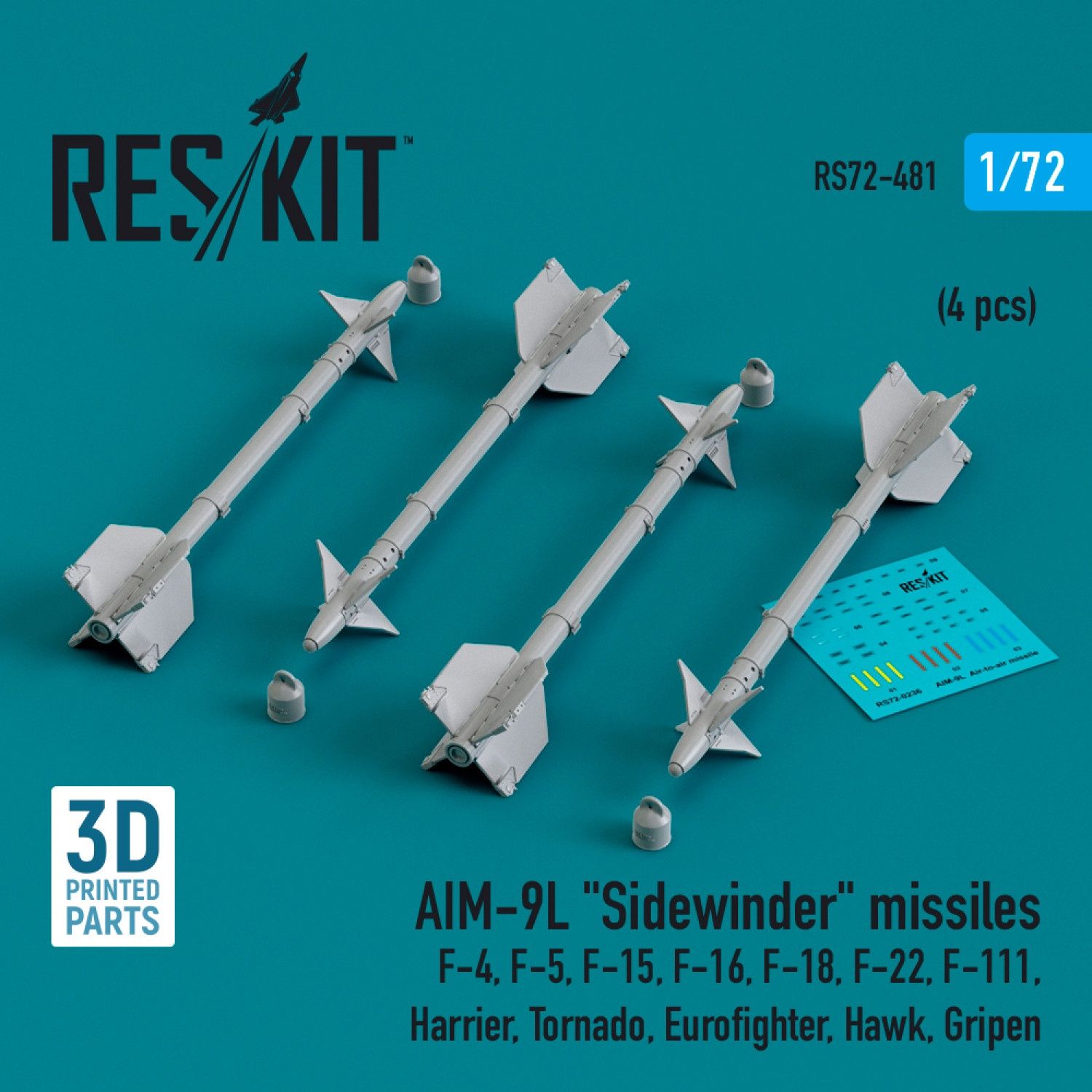 RS72-0481 - AIM-9L &quot;Sidewinder&quot; missiles (4 pcs) (F-4, F-5, F-15, F-16, F-18, F-22, F-111, Harrier, Tornado, Eurofighter, Hawk, Gripen) (3D Printed)  - 1:72