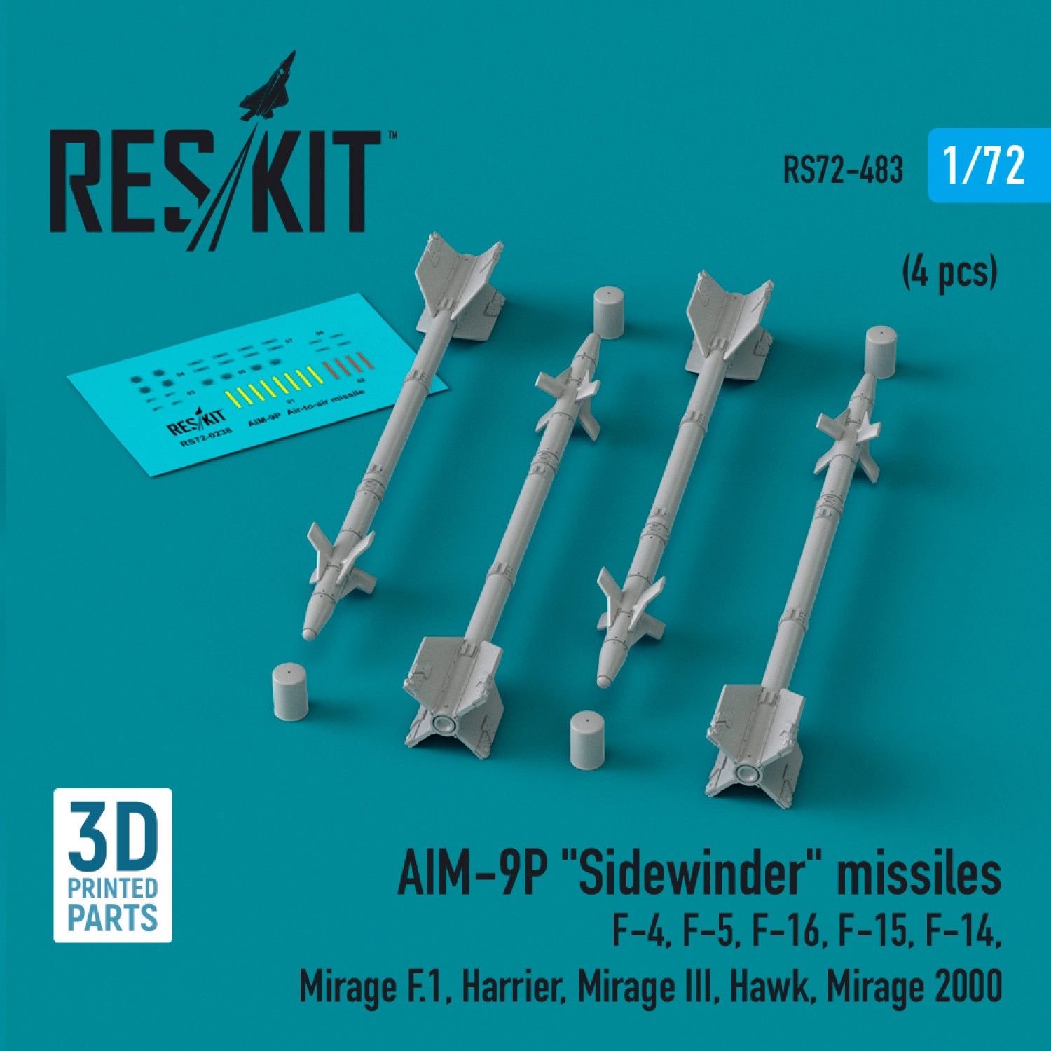 RS72-0483 - AIM-9P &quot;Sidewinder&quot; missiles (4 pcs) (F-4, F-5, F-16, F-15, F-14, Mirage F.1, Harrier, Mirage III, Hawk, Mirage 2000) (3D Printed)  - 1:72