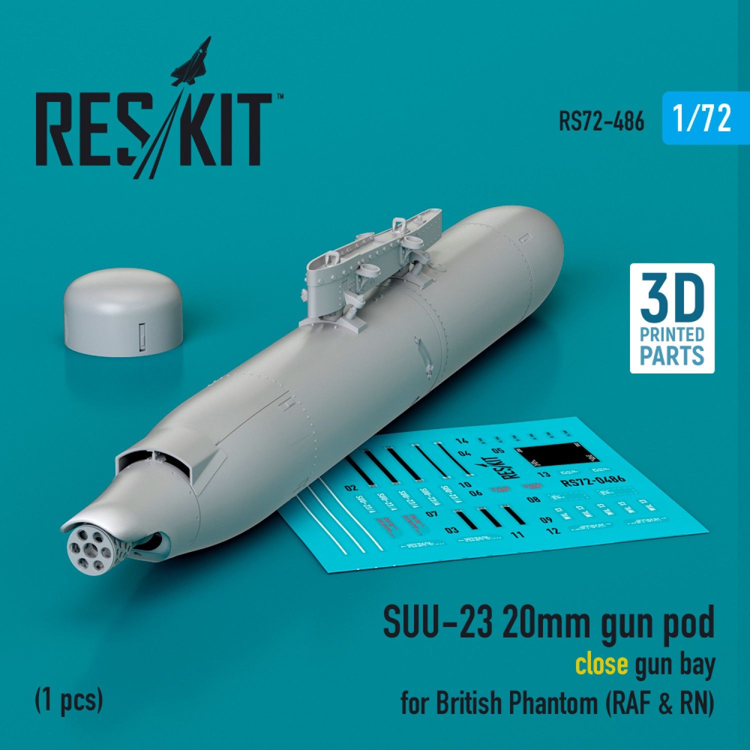 RS72-0486 - SUU-23 20mm gun pod (close gun bay) for British Phantom (RAF &amp; RN) (1 pcs) (3D Printed)  - 1:72