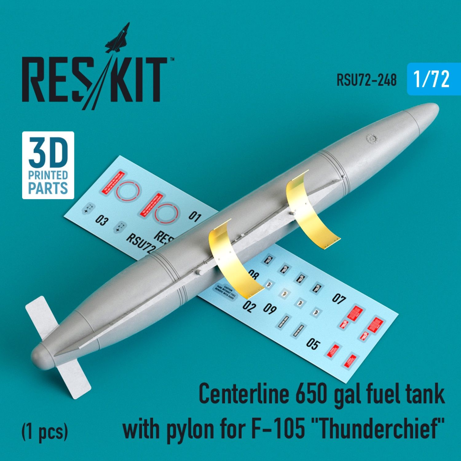 RSU72-0248 - Centerline 650 gal fuel tank with pylons for F-105 &quot;Thunderchief&quot; (1 pcs) (3D Printed)  - 1:72