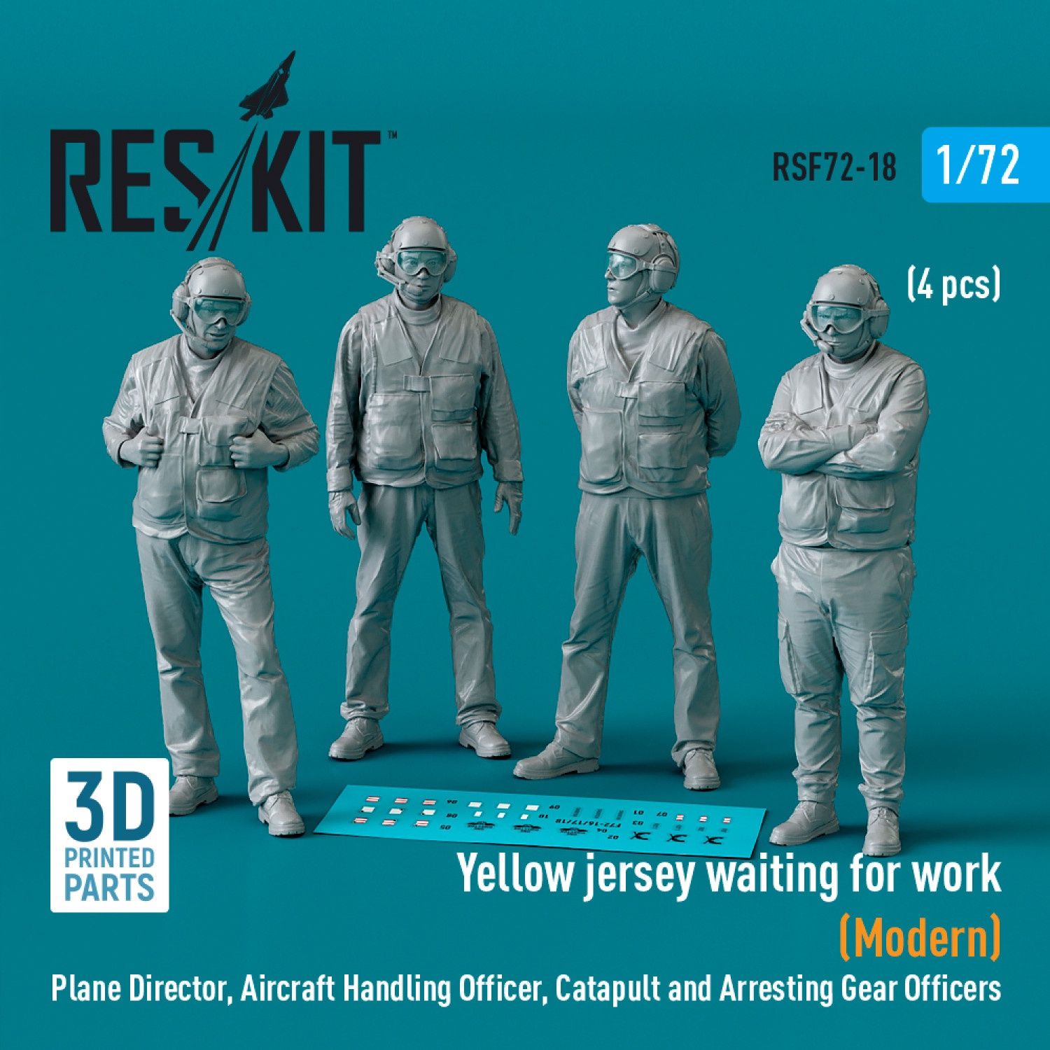 RSF72-0018 - Yellow jersey waiting for work (Modern) Plane Director, Aircraft Handling Officer, Catapult and Arresting Gear Officers (4 pcs) (3D Printed)  - 1:72