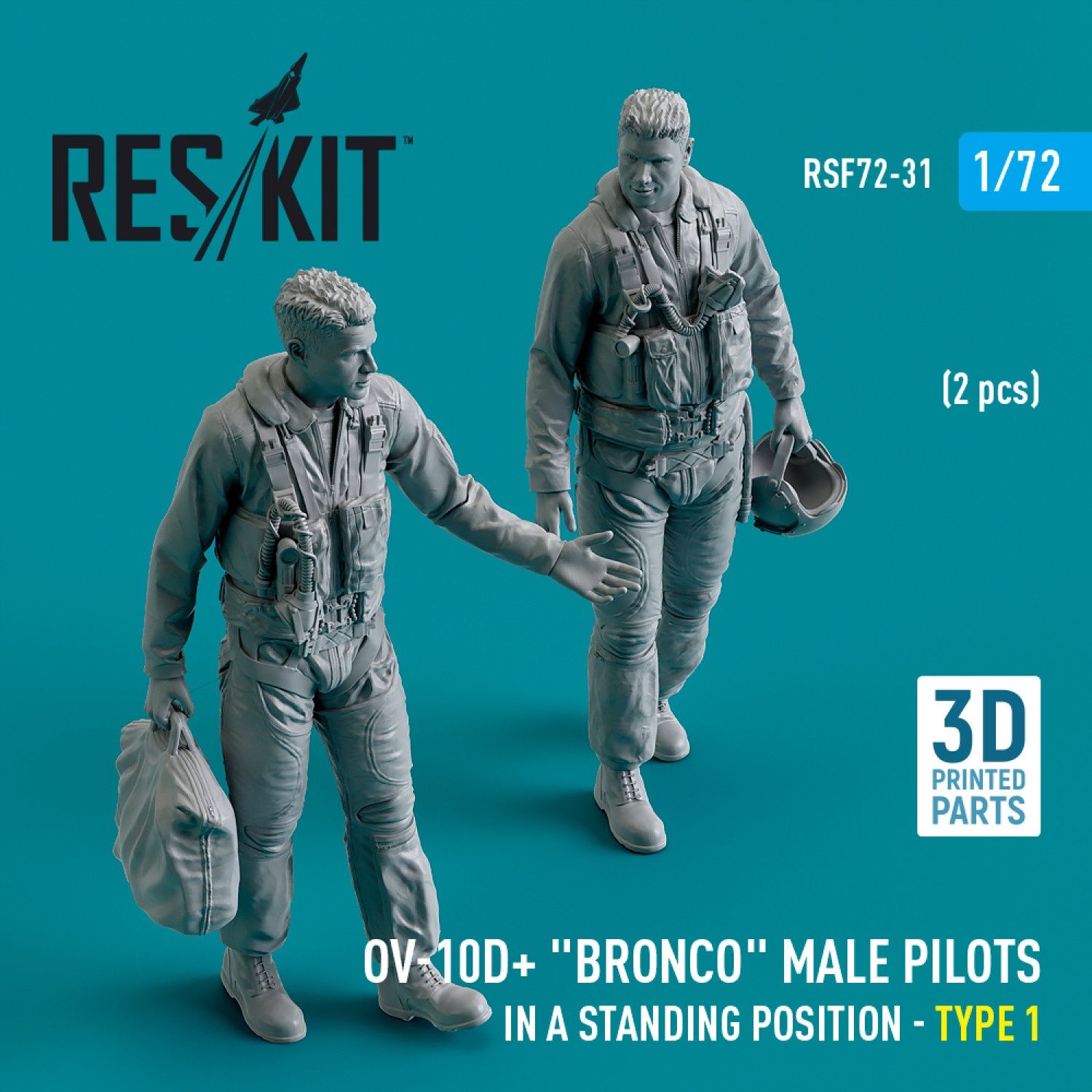 RSF72-0031 - OV-10D+ &quot;Bronco&quot; male pilots (in a standing position - type 1) (2 pcs) (3D Printed)  - 1:72